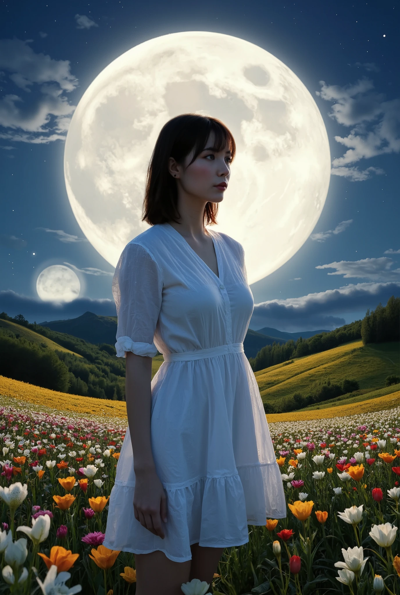 Create an image of a stunning 20-year-old Japanese girl with fair skin stands gracefully in a moonlit flower field. She has medium-length straight hair with parted bangs, and she wears a white summer dress. The background features a stunning patchwork of flowers sprawling across the hills, illuminated by the enchanting glow of a large moon, creating a magical atmosphere.