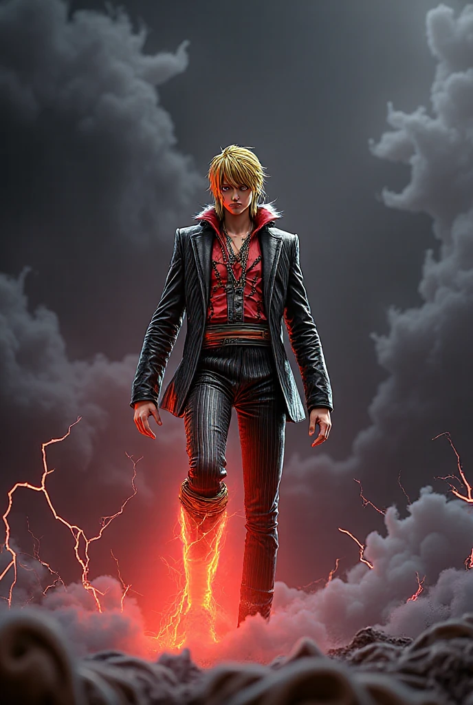 Nordic man standing on the street with undercut haircut and yellow and red leather jacket and hair, Portrait of a Bloody Hunter , Badass anime 8k