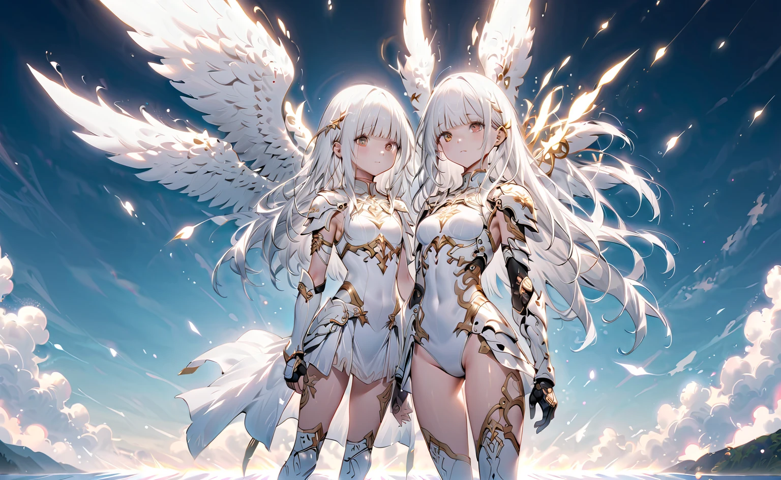 mecha wings、white and yellow skirt、Accentuated thighs、White tights、chest、Beautiful white hair、1 girl、solo girl、Thick thighs、IS、Frame Arms Girl、Alice Gere Aegis、White Armor、income、headphone、hand on own chest、smile、Idol Costume