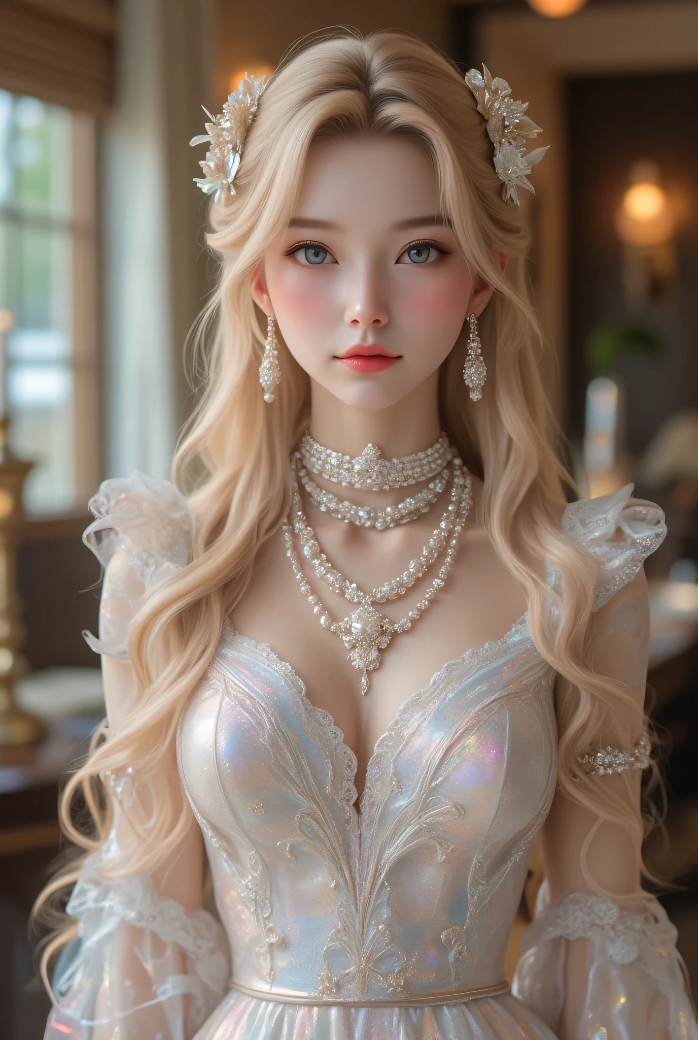 (((Tall Korean Woman, intense and deep pale skin, peau parfaite, en mouvement, marche, full body, cheveux blanc brillant, cheveux longs et droits, intelligente, long fine lace body dress))), ((best quality, extremely detailed:1.8, hyperRéaliste:1.5, photorealistic:1.5, grande profondeur de champ, vue de face, very beautiful 35 year old woman, Prise de vue en direct, low-cut, fine lace body dress underwear, full body and legs)), ((femme debout, she has a serious pose, very long hair, white hair with bright blood red highlights, quelques mèches tressées, light bustier, dentelles fines et délicates, poitrine push-up)), ((detailed asian woman face looking at camera, electric clear eyes, feline silhouette, cheveux long)), (photorealistic), sharp eyes, poitrine push-up, very thin waist, jambes longues, longues jambes, fine and detailed hands, detailed hairstyle, very long hair, femme charismatique, charisme, charismatique, sparkling eyes, dentelles fractal