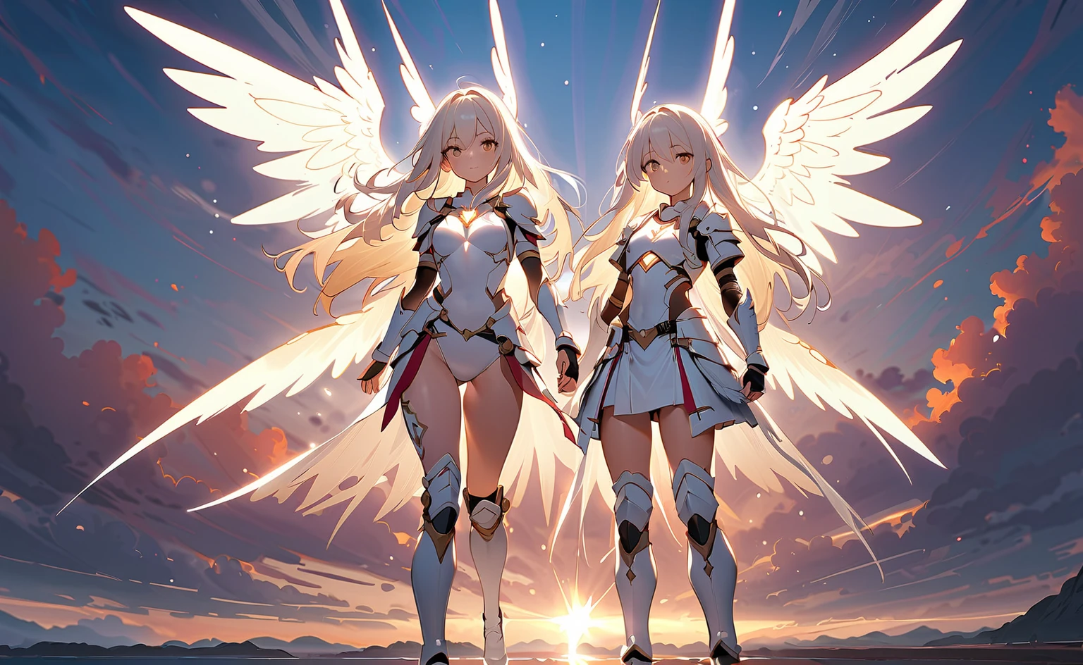 fantasy, 1angel_girl, low_teen, white_medium_bob_hair,long_bangs, (dark_skin)+, bare_shoulder, navel out, thighhighs,silver_shiny_armor, white_clothes,waist_armor, Glebe, hold_shiny_swords, medium_breasts,, dynamic_pose_fighting,Floating, (1pair_white_wings,pelvic_curtain)++, Headgear ,city_sky_background,,slightly_spread_legs, light_smile,multiple_shiny_swords_floating_around_the_girl