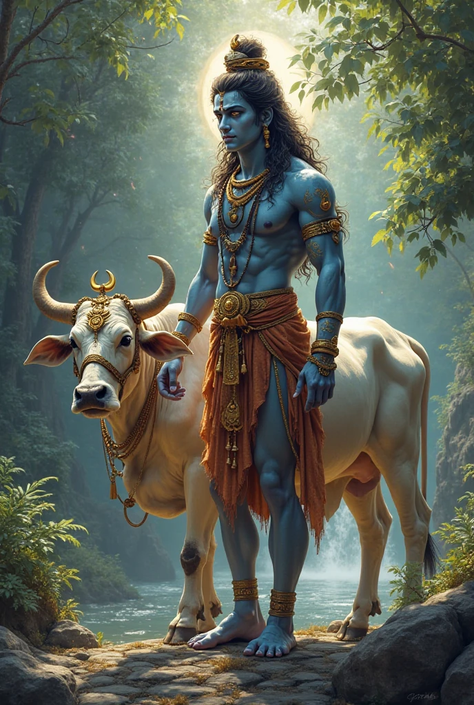 Mahadev hindu god with snack and ox in forest