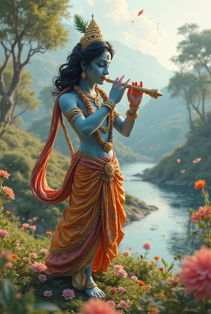 End with a visual of Krishna in a serene pose, playing his flute.