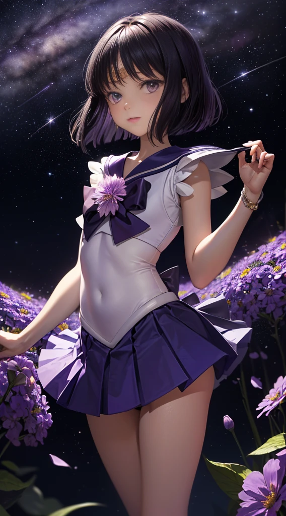 (masterpiece, Highest quality: 1.2), alone, 1 person, Sailor Saturn, Magical girl, shut up, Looking at the audience, Hands on hips, Sailor Warrior Uniforms, Pleated skirt, Elbow Bag, jewelry, (((brooch)), collar, Purple eyes, Space Background, milky way, whole body, distance composition, ((Small purple flowers)),((White panties))