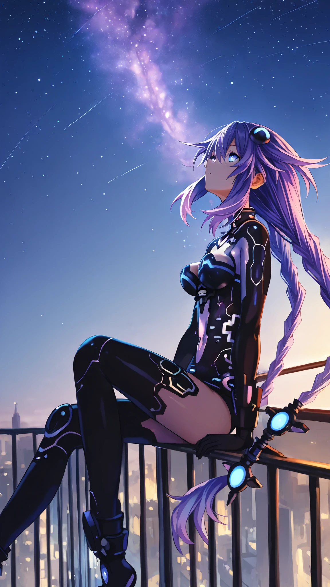 purple heart (Hyperdimension Neptunia) Sitting on a balcony under a sky full of stars, looking up at the sky
