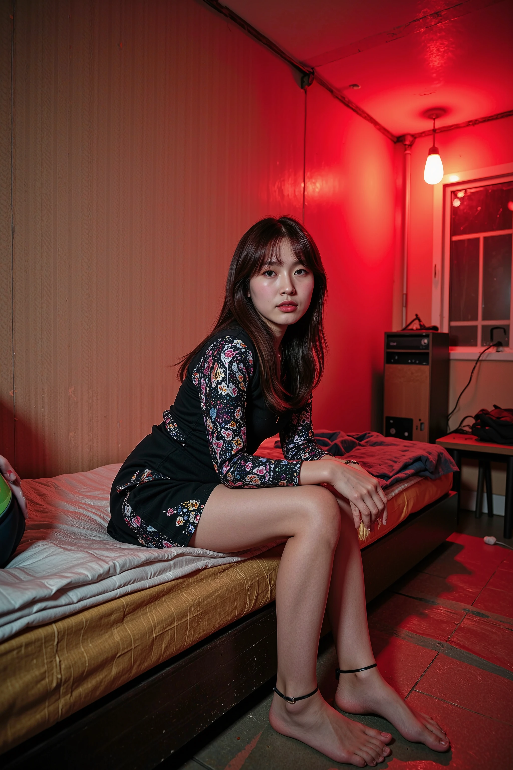 NSFW,
Clear photo,
Photo taken by a professional photojournalist,
Photographed in a dimly lit room using a flash,
Photographed from the front of the girl,
Photographed from above the girl,
Photographed with a wide-angle lens,

ung girl,

Young Korean girl,
The girl is sitting on a mattress and watching the customers who come in,
The girl is wearing a lewd dress,
The girl is 100% lewd,

Dirty clothes,
Very dirty,
Tattered clothes,
The girl is a former idol and now the cheapest prostitute in the slums,

Red light district in the slums of Seoul,
A room in a shack with only a red light on,
The floor is covered with plastic sheets,
A very dirty and thin single mattress is laid on the plastic sheet floor,
A small room just big enough for one person to sleep,
The ceiling in the room is very low,
(There are no windows in the room),
The room is very dirty,
The wallpaper is torn,
There are traces of rainwater leaking,
The floor is littered with garbage,
There is no furniture that looks like furniture,
The girl's garbage-like clothes and daily necessities are scattered around,
The girl lives in this room,
The girl is prostituting herself here,