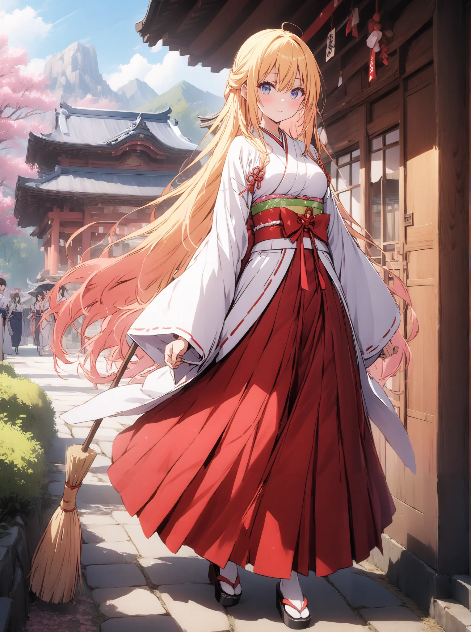 score_9, score_8_up, score_7_up, source_anime, chitoge kirisaki, long hair, blue eyes, blond hair, ribbons, o, very long hair, multicolored hair, red ribbons, gradation hair, medium chest,Shrine maiden, Japanese Clothes, white kimono , kimono, Red Hakama, wide sleeve, Long Sleeve, ribbons留めの袖, とてもlong hair, low ponytail, holding a broom with both hands,Cleaning stairs,full bodyがイラストに入るように,break outdoors, shrine,
break looking at viewer,full body,
break (masterpiece:1.2),highest quality , kampala, Unity 8K Wallpaper ,(shape:0.8),( fine, beautiful eyes :1.6),It's a person ,full body写真,CG Details , (perfect hands, complete anatomy),