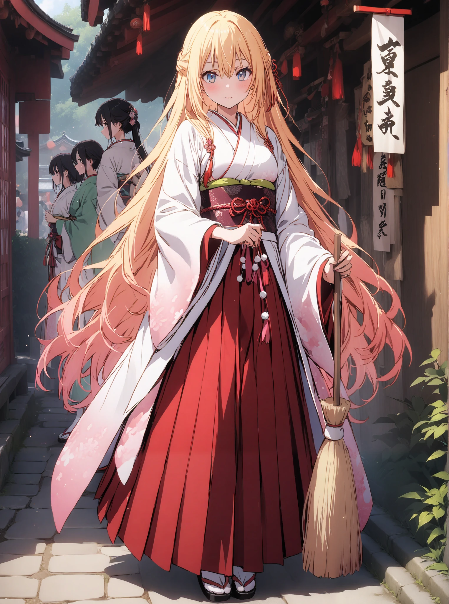 score_9, score_8_up, score_7_up,  source_anime, chitoge kirisaki, long hair, blue eyes, blond hair, ribbons,  o, very long hair, multicolored hair, red ribbons, gradation hair, medium chest,Shrine maiden,  Japanese Clothes,  white kimono , kimono, Red Hakama, wide sleeve,  Long Sleeve, ribbons留めの袖, とてもlong hair, low ponytail, holding a broom with both hands,Cleaning stairs,full bodyがイラストに入るように,break outdoors, shrine,
break looking at viewer,full body,
break (masterpiece:1.2),highest quality , kampala, Unity 8K Wallpaper ,(shape:0.8),(  fine, beautiful eyes  :1.6),It's a person ,full body写真,CG Details , (I'll give you a perfect hand, complete anatomy),