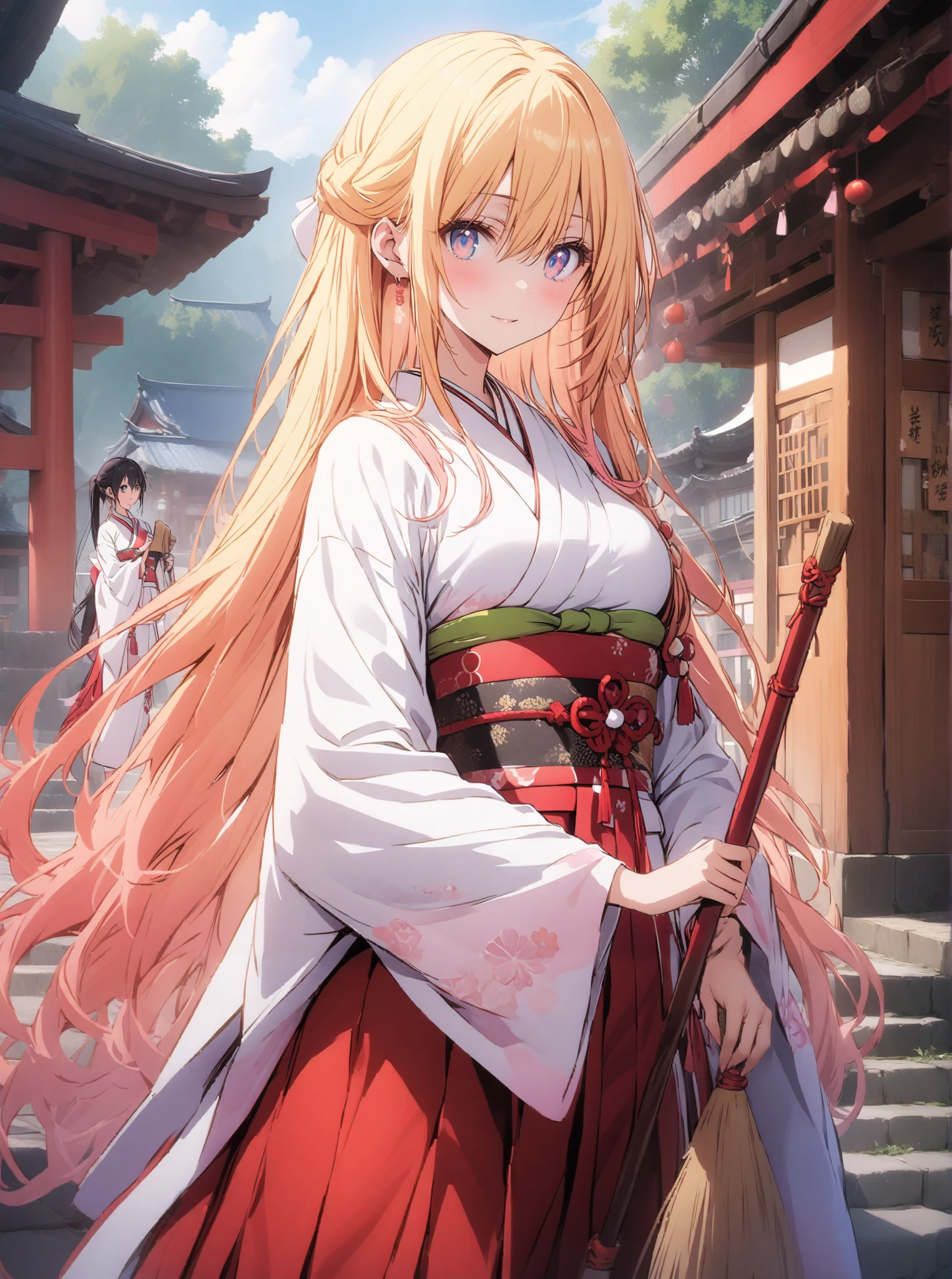score_9, score_8_up, score_7_up, source_anime, chitoge kirisaki, long hair, blue eyes, blond hair, ribbons, o, very long hair, multicolored hair, red ribbons, gradation hair, medium chest,Shrine maiden, Japanese Clothes, white kimono , kimono, Red Hakama, wide sleeve, Long Sleeve, ribbons留めの袖, とてもlong hair, low ponytail, holding a broom with both hands,Cleaning stairs,full bodyがイラストに入るように,break outdoors, shrine,
break looking at viewer,full body,
break (masterpiece:1.2),top quality , kampala, Unity 8K Wallpaper ,(shape:0.8),( fine, beautiful eyes :1.6),It's a person ,full body写真,CG Details , (I'll give you a perfect hand, complete anatomy),