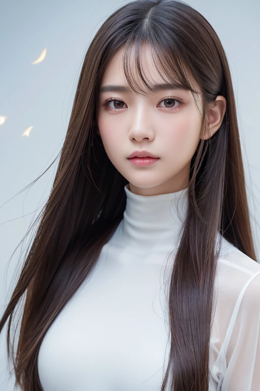 Normal chest,between legs,cute,(Detailed face),A silky white sleeveless turtleneck dress,4K,Ultra-high resolution,(Photorealistic:1.7),Black long hair,Gray background,