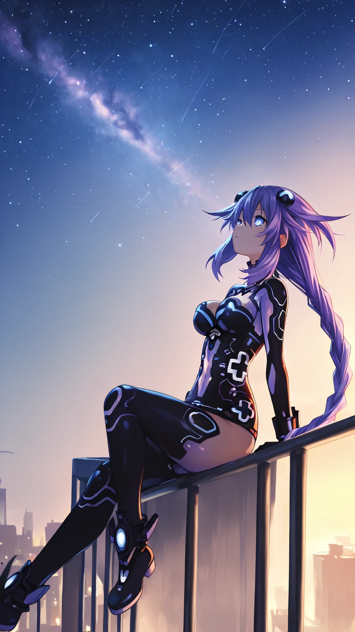 purple heart (Hyperdimension Neptunia) Sitting on a balcony under a sky full of stars, looking up at the sky, wide hips