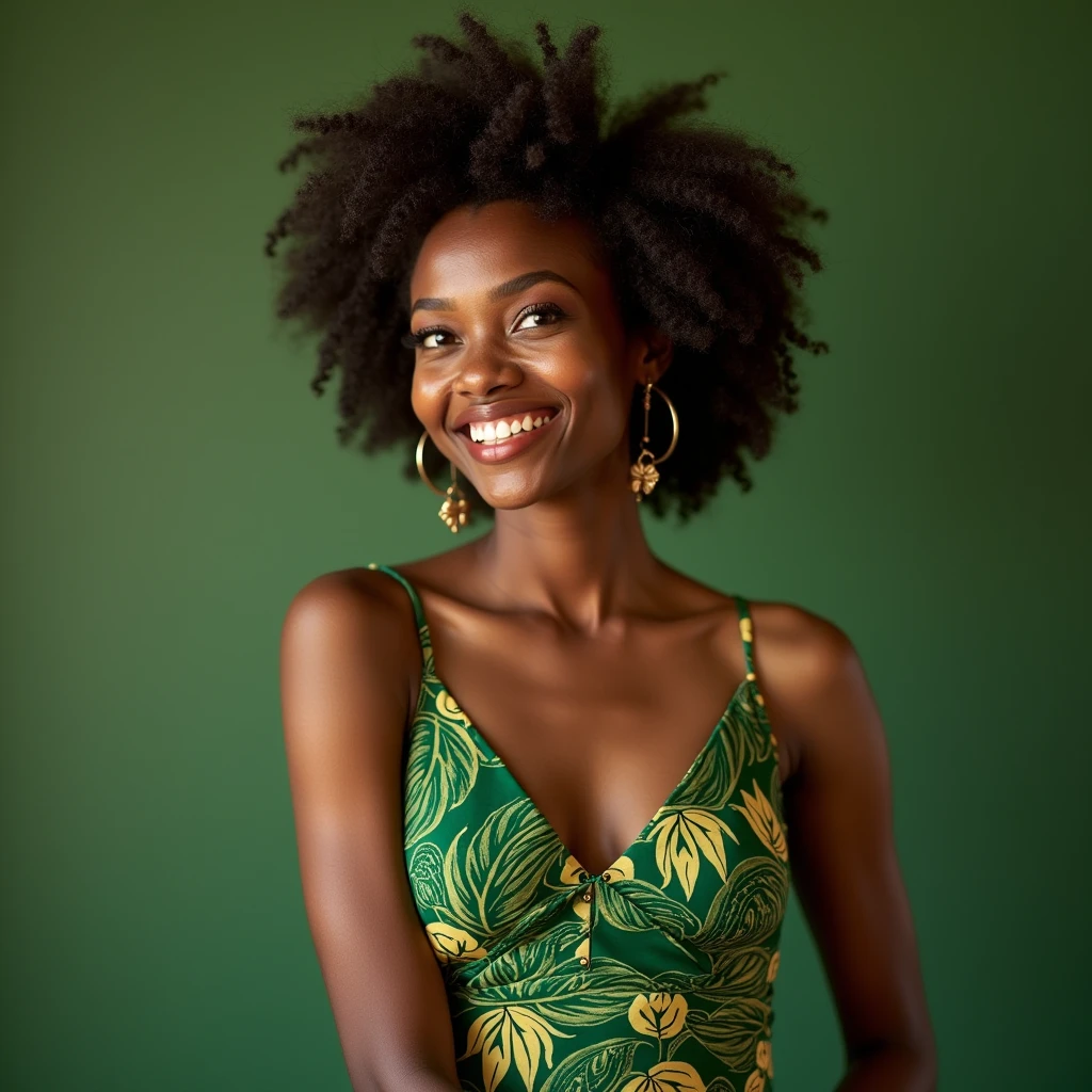 Create a hyper-realistic image of a stunning Brazilian woman in her early 30s with dark skin and curly hair. She should be smiling and wearing a long dark green dress without a neckline. The image should be from the waist up, with the woman positioned at a 3/4 angle, with one hand prominently touching her face. Ensure the hand is clearly visible, with all five fingers perfectly detailed and the hand interacting gracefully with her face. The background must be completely white, with absolutely no additional details or elements. Ensure the background is entirely white, with no traces of scenery, shadows, or any other elements. The only focus should be the woman and her clothing. The image should be 8k super realistic, detailed, and realistic. EasyNegative, (worst quality, low quality:1.4), (((deformed))), distortions in the hands, face, and other parts, more than 1 character, more than 1 backpack.