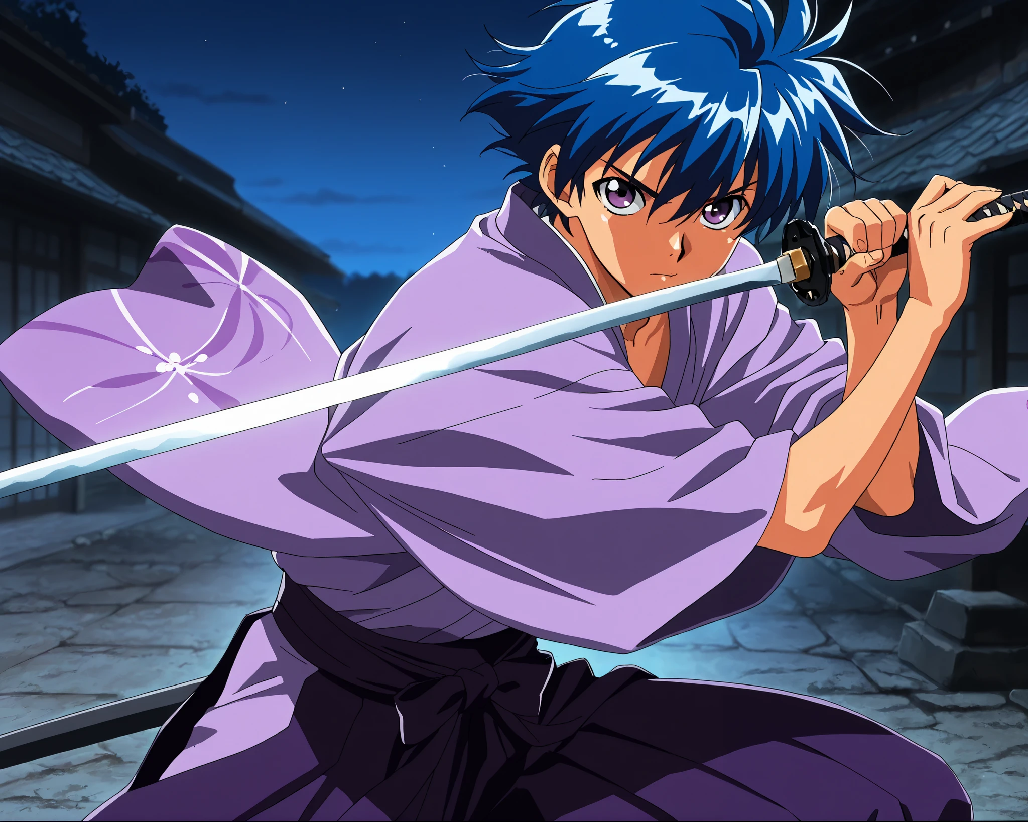 ((masterpiece)), ((best quality)), ((ultra-detailed)), score_9_up, score_8_up, score_7_up, HD, top quality, best quality, High-quality illustrations, anime screencap, perfect anatomy, 1boy, 1male, male anime character, anime boy, Takeru Taiga, blue hair, purple eyes, Japanese, night time, japanese clothes, hakama, Purple kimono, masterpiece, best quality, amazing quality, 1990s (style),perfect lighting, action pose, weapon, Katana, (( The Katana's blade is a cobalt blue )) holding weapon