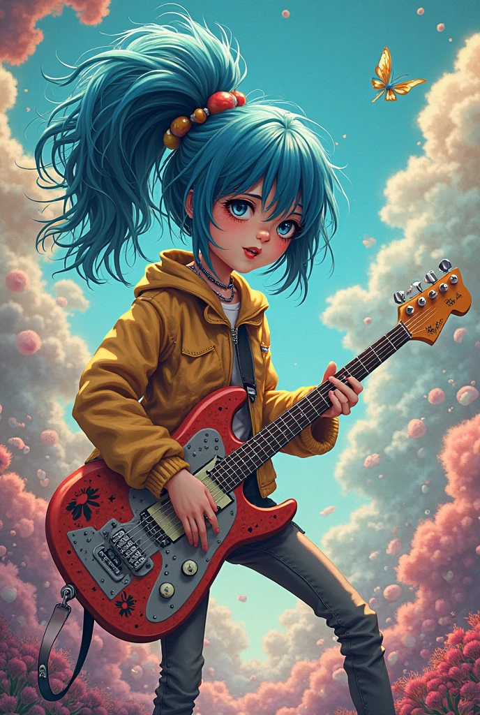 Beautiful anime watercolorpainting of summerpunk girl. Sitting on a top of a mountain playing Guitar, full moon sky, dark night Background, paint dripping by tim okamura, victor nizovtsev, greg rutkowski, noah bradley. trending on artstation, 8k, masterpiece, graffiti paint, fine detail, full of color, intricate detail, golden ratio illustration, --auto --s2