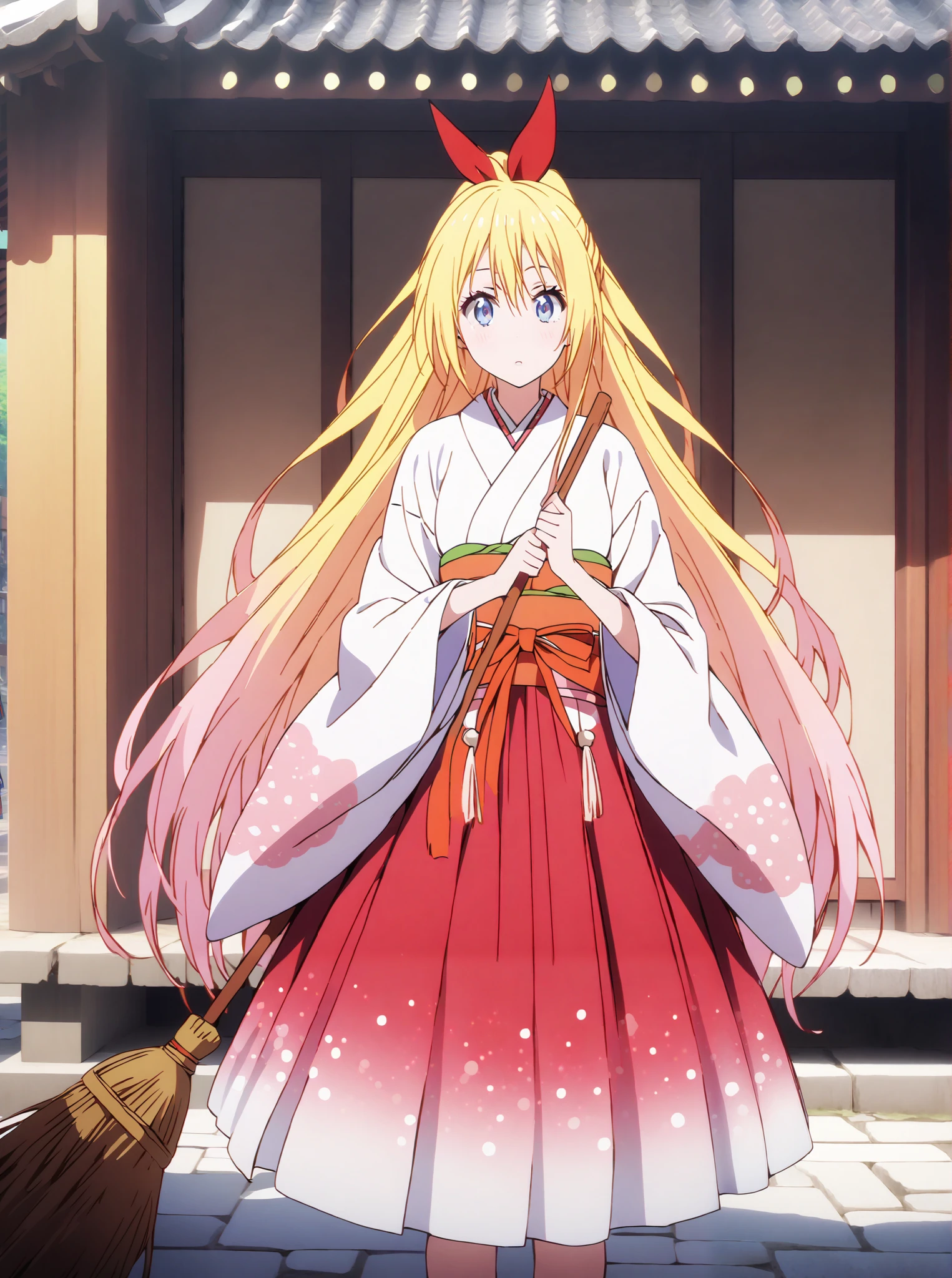 score_9, score_8_up, score_7_up, source_anime, chitoge kirisaki, long hair, blue eyes, blond hair,hair ribbon , o, very long hair, multicolored hair, Red Ribbon, gradation hair, medium chest,Shrine maiden, Japanese Clothes, white kimono , kimono, Red Hakama, wide sleeve, Long Sleeve, bow sleeve , とてもlong hair, low ponytail, holding a broom with both hands,Cleaning stairs,full bodyがイラストに入るように,break outdoors, shrine,
break looking at viewer,full body,
break (masterpiece:1.2),top quality , kampala, Unity 8K Wallpaper ,(shape:0.8),( fine, beautiful eyes :1.6),It's a person ,full body写真,CG Details , (I'll give you a perfect hand, complete anatomy),