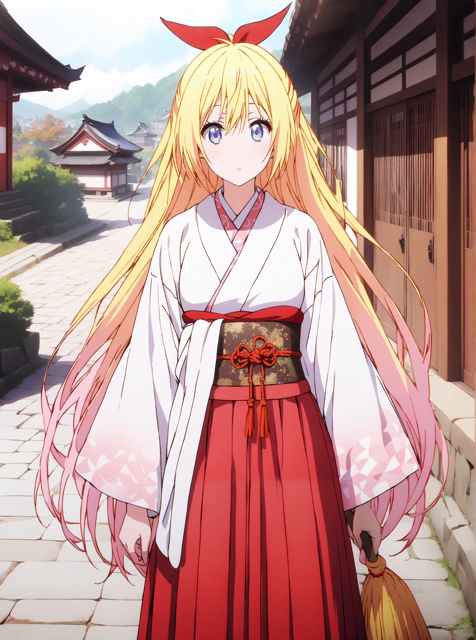 score_9, score_8_up, score_7_up, source_anime, chitoge kirisaki, long hair, blue eyes, blond hair,hair ribbon , o, very long hair, multicolored hair, Red Ribbon, gradation hair, medium chest,Shrine maiden, Japanese Clothes, white kimono , kimono, Red Hakama, wide sleeve, Long Sleeve, bow sleeve , とてもlong hair, low ponytail, holding a broom with both hands,Cleaning stairs,full bodyがイラストに入るように,break outdoors, shrine,
break looking at viewer,full body,
break (masterpiece:1.2),top quality , kampala, Unity 8K Wallpaper ,(shape:0.8),( fine, beautiful eyes :1.6),It's a person ,full body写真,CG Details , (I'll give you a perfect hand, complete anatomy),