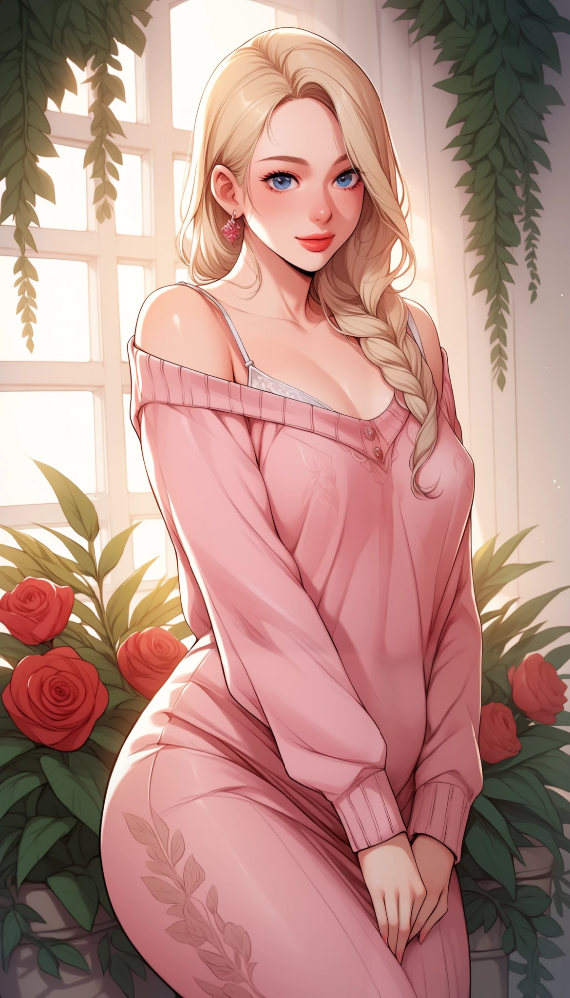 An extremely gorgeous stunning beautiful woman with gold-blonde hair, extremely fair white natural skin, big blue eyes, plump candy red glossy lips, mouth closed, a simple smile, small plain breasts, and a perfect slender-slim body. She is wearing a short sky-blue floral dress with spaghetti straps, an oversized front-open pink sweater over her shoulders, and brown flat heels. She is standing straight, and a garden in the background.