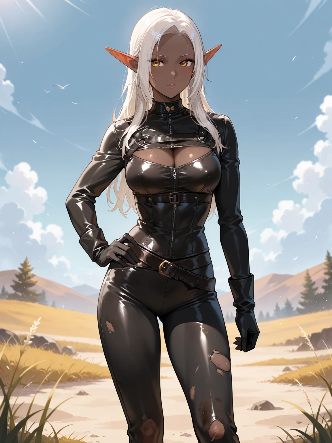 Elf, gray skin, red eyes, white hair, large breats, black slingshot bikini, hood, rogue,