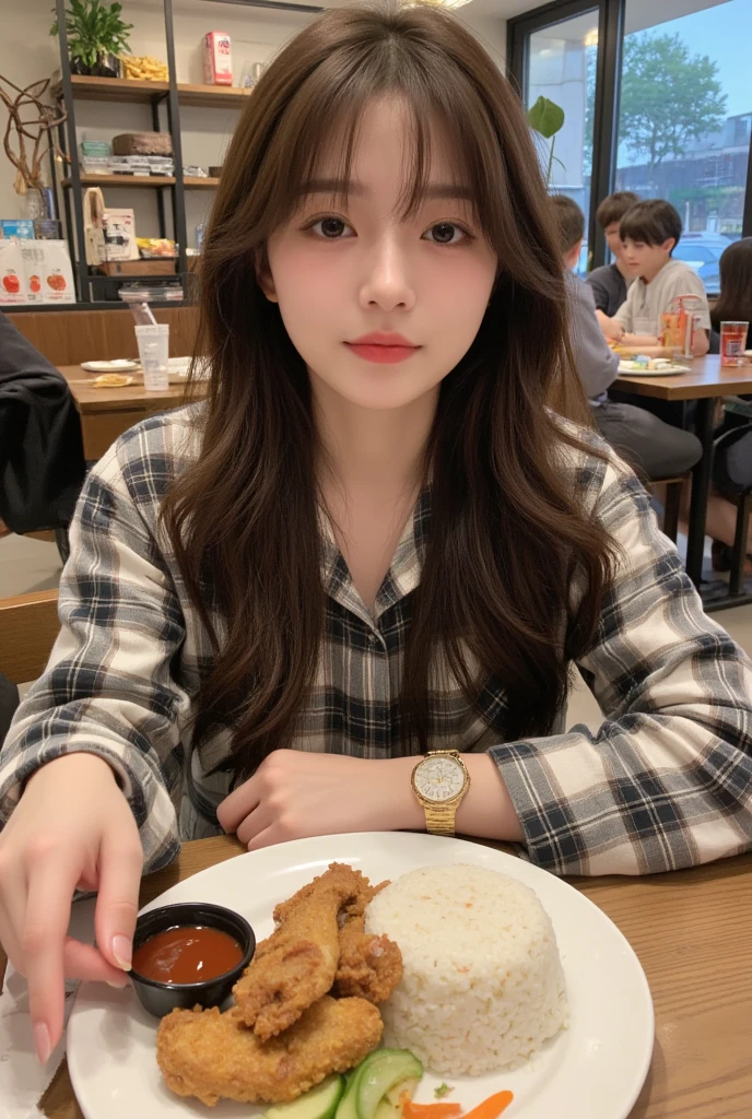 there is a woman sitting in a chair with a donut in her hand, south east asian with round face, with round face, with round cheeks, with professional makeup, 2 , 2 9 years oldd face, 2 8 years old, bbwchan, hotograph, round chin, 3 0 years old woman