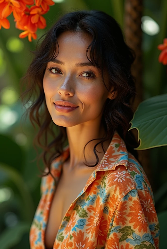 A Brazilian woman in a lush tropical garden, wearing an open shirt with a floral print, with a close-up capturing the harmonious beauty between her breasts and the natural flowers, showing off your natural charm and outgoing personality.