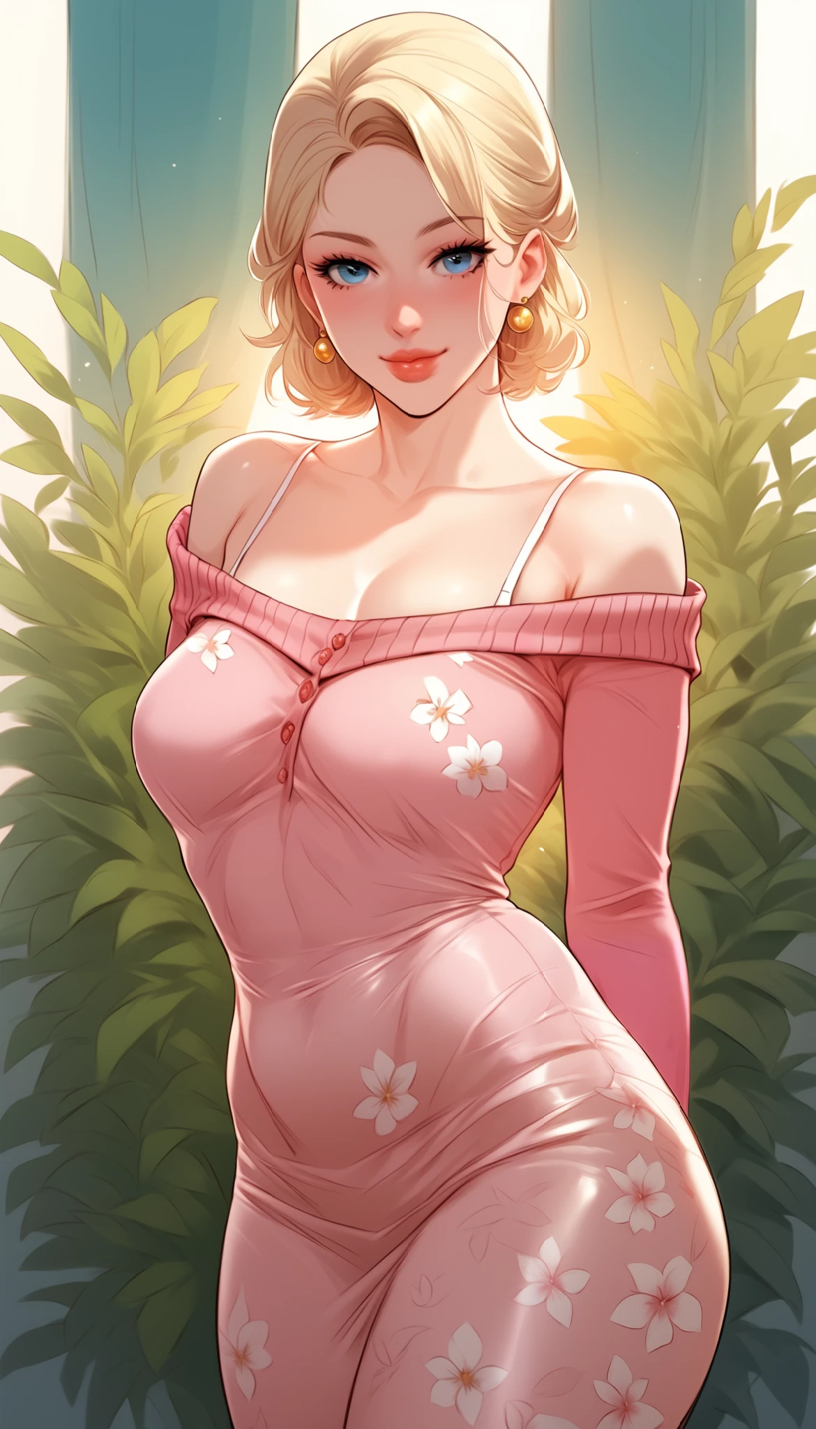 An extremely gorgeous stunning beautiful woman with gold-blonde hair, extremely fair white natural skin, big blue eyes, plump candy red glossy lips, mouth closed, a simple smile, small plain breasts, and a perfect slender-slim body. She is wearing a short sky-blue floral dress with spaghetti straps, an oversized front-open pink sweater over her shoulders, and brown flat heels. She is standing straight, and a garden in the background. SHOW HER FULL BODY FROM HEAD TO FEET.