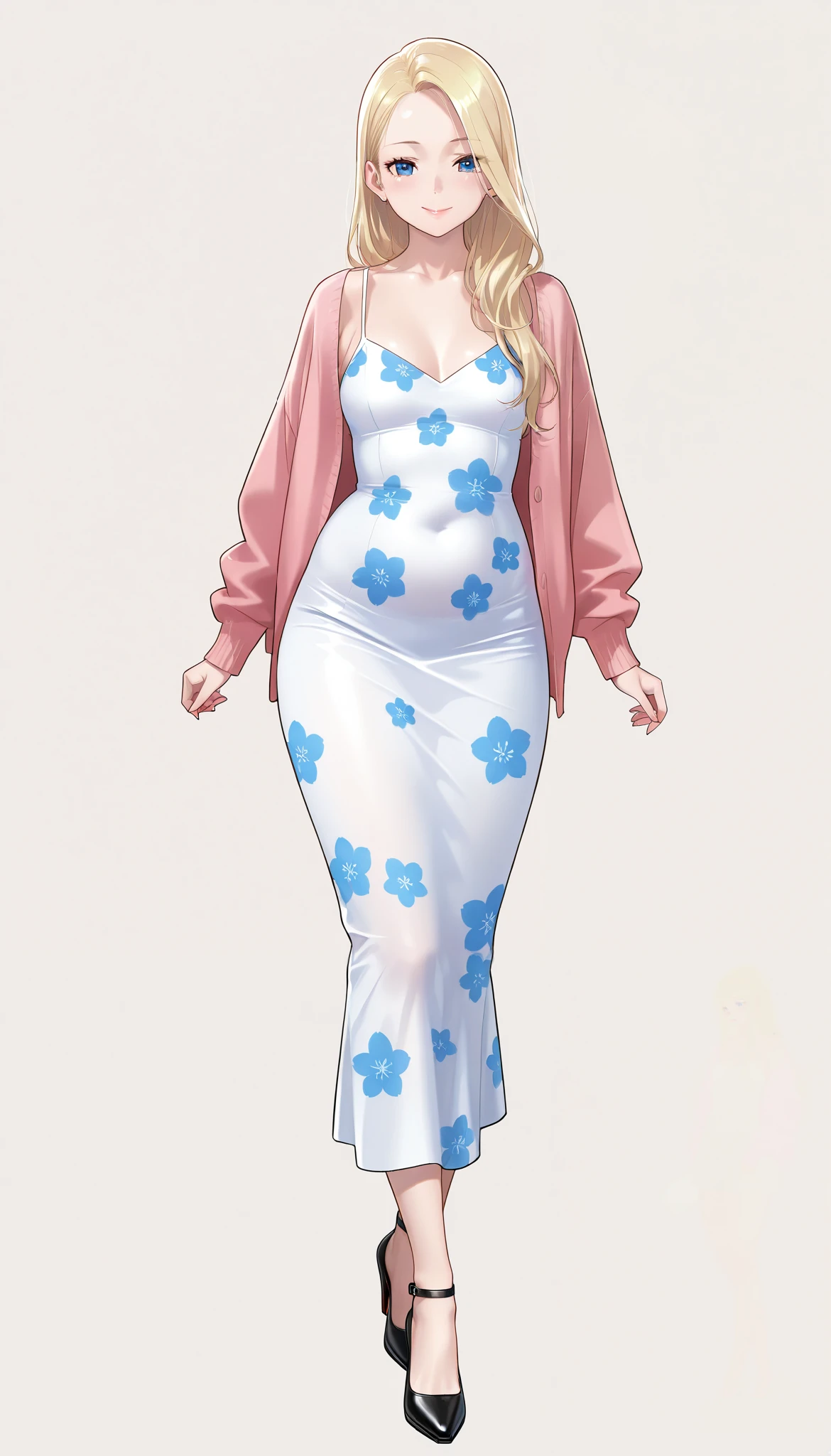 An extremely gorgeous stunning beautiful woman with gold-blonde hair, extremely fair white natural skin, big blue eyes, plump candy red glossy lips, mouth closed, a simple smile, small plain breasts, and a perfect slender-slim body. She is wearing a short sky-blue floral dress with spaghetti straps, an oversized front-open pink sweater over her shoulders, and brown flat heels. She is standing straight, and a garden in the background. SHOW HER FULL BODY FROM HEAD TO FEET.