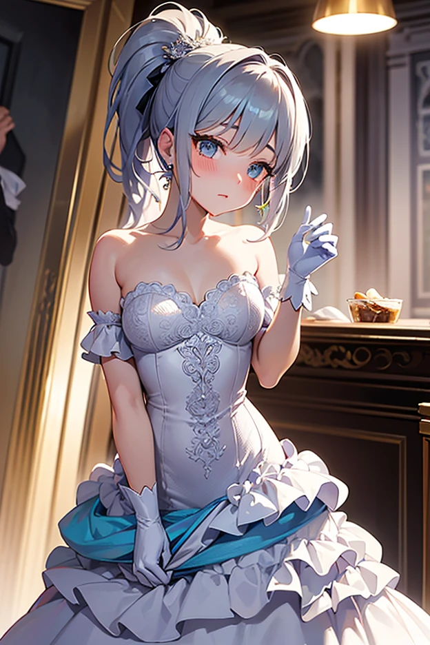 three girls, looking at the viewer, indoors, jewelry, bangs, dress, earrings, Nice details, shining eyes, nice background,
masterpiece, highest quality, super detailed,
Re Zero (Rem(short hair,blue hair),rum(pink hair, short hair),emilia(silver hair, long hair)),dynamic pose, large breasts, hapoy smile,