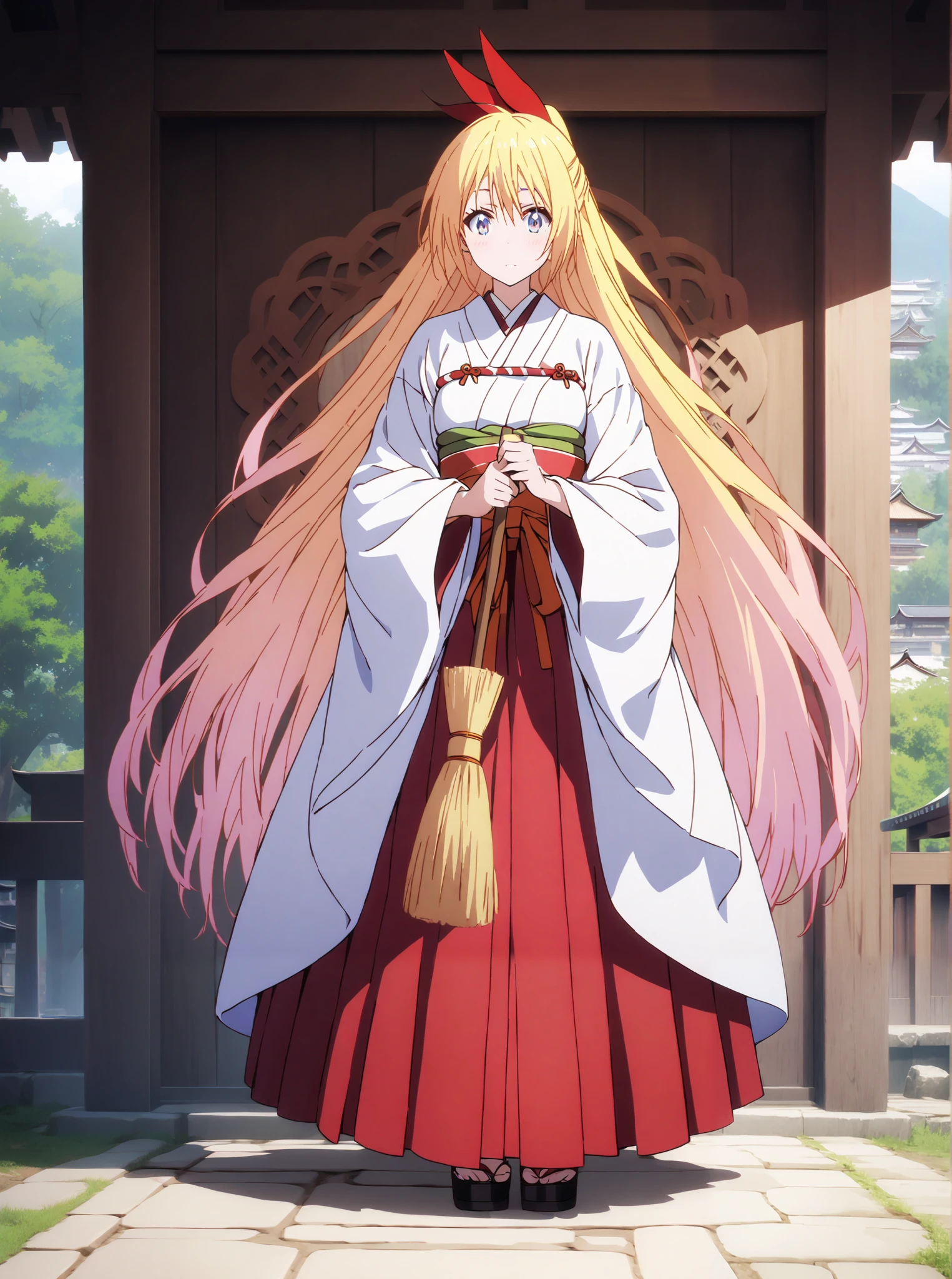score_9, score_8_up, score_7_up, source_anime, chitoge kirisaki, long hair, blue eyes, blond hair,hair ribbon , o, very long hair, multicolored hair, Red Ribbon, gradation hair, medium chest,Shrine maiden, Japanese Clothes, white kimono , kimono, Red Hakama, wide sleeve, Long Sleeve, bow sleeve , とてもlong hair, low ponytail, holding a broom with both hands,Cleaning stairs,full bodyがイラストに入るように,break outdoors, shrine,
break looking at viewer,full body,
break (masterpiece:1.2),top quality , kampala, Unity 8K Wallpaper ,(shape:0.8),( fine, beautiful eyes :1.6),It's a person ,full body写真,CG Details , (I'll give you a perfect hand, complete anatomy),