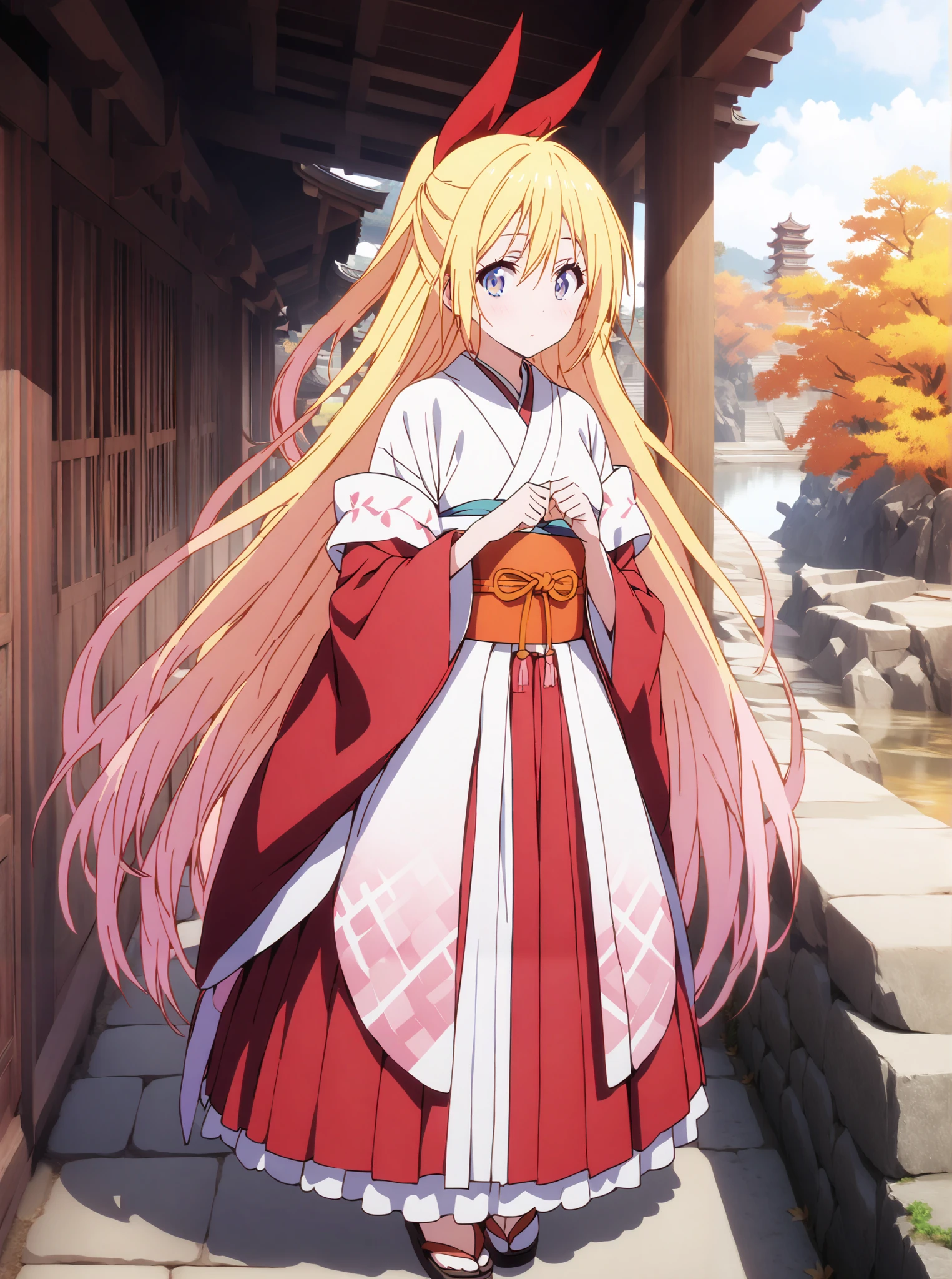 score_9, score_8_up, score_7_up, source_anime, chitoge kirisaki, long hair, blue eyes, blond hair,hair ribbon , o, very long hair, multicolored hair, Red Ribbon, gradation hair, medium chest,Shrine maiden, Japanese Clothes, white kimono , kimono, Red Hakama, wide sleeve, Long Sleeve, bow sleeve , とてもlong hair, low ponytail, holding a broom with both hands,Cleaning stairs,full bodyがイラストに入るように,break outdoors, shrine,
break looking at viewer,full body,
break (masterpiece:1.2),top quality , kampala, Unity 8K Wallpaper ,(shape:0.8),( fine, beautiful eyes :1.6),It's a person ,full body写真,CG Details , (I'll give you a perfect hand, complete anatomy),