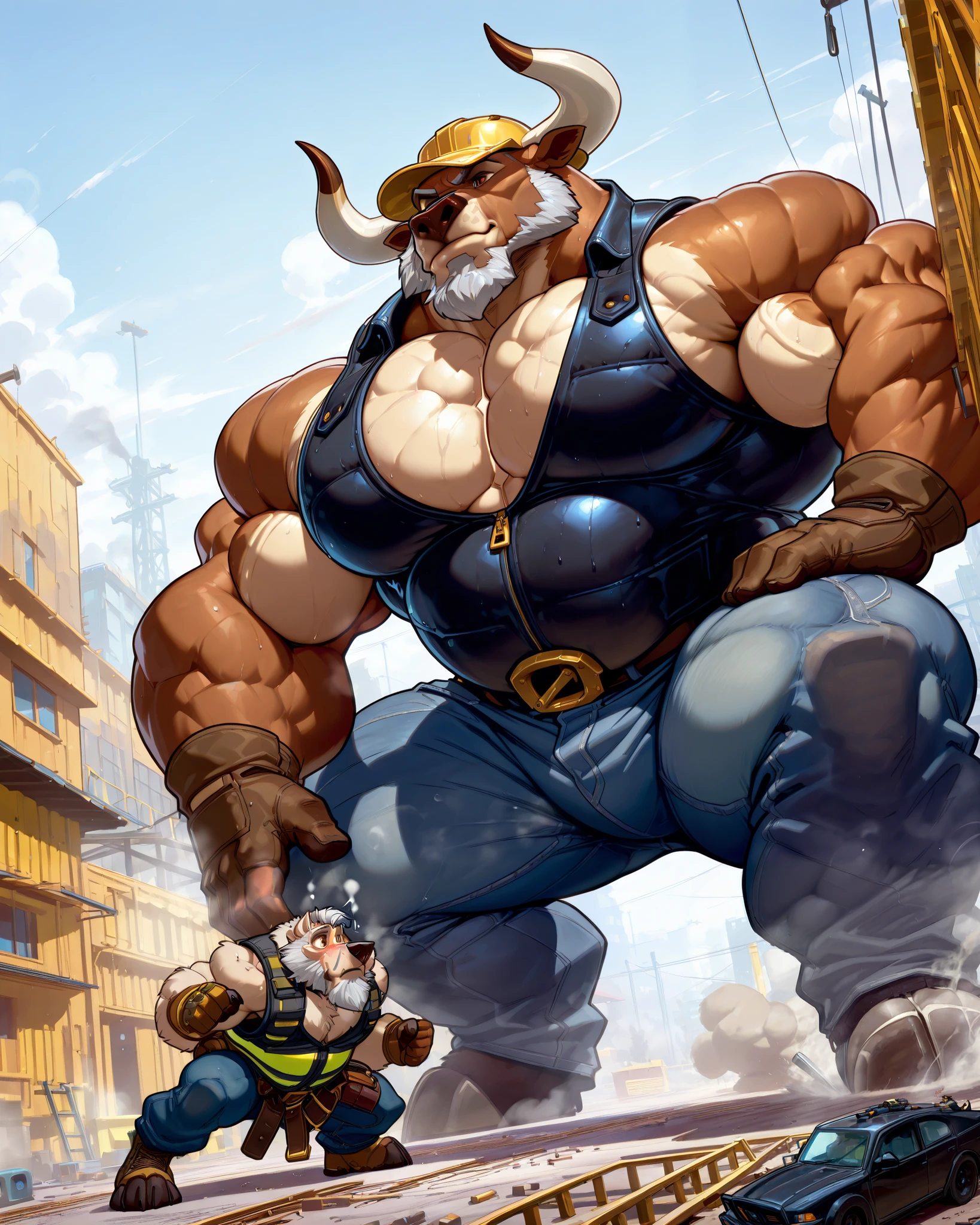 Score_7_up , Score_8, Score_9, Correct Anatomy, (( detailed brown eyes )), ((highly detailed eyes)), Hi-res, Sup er Fine ,
((alone)), male, brown fur,White belly, bull, gray hair ,
((big size difference)), ((1000 feet tall)), muscle, big, big muscle, ((big muscle)), Leading, Rough, Abdominal muscles, eight Abdominal muscles, Chest muscles, big Chest muscles, ( broad shoulders, 宽Chest muscles, big pec muscle thick arms),Macro,hugebig body size difference,tiny city。
Bad temper, mature, gray short beard, rugged, Moody , permanent frowning , Scary , Underarms,
musk, ((musk steam at body)), ((musk steam at groin)), Sweating, Protrusion, (big rounded Protrusion),
Dutch perspective, Shut up , Construction site background, Construction Workers, yellow helmet, (black safety vest:1.1), (yellow safety vest:0.9), shirtless, brown work gloves, tool belt, jeans , big hands