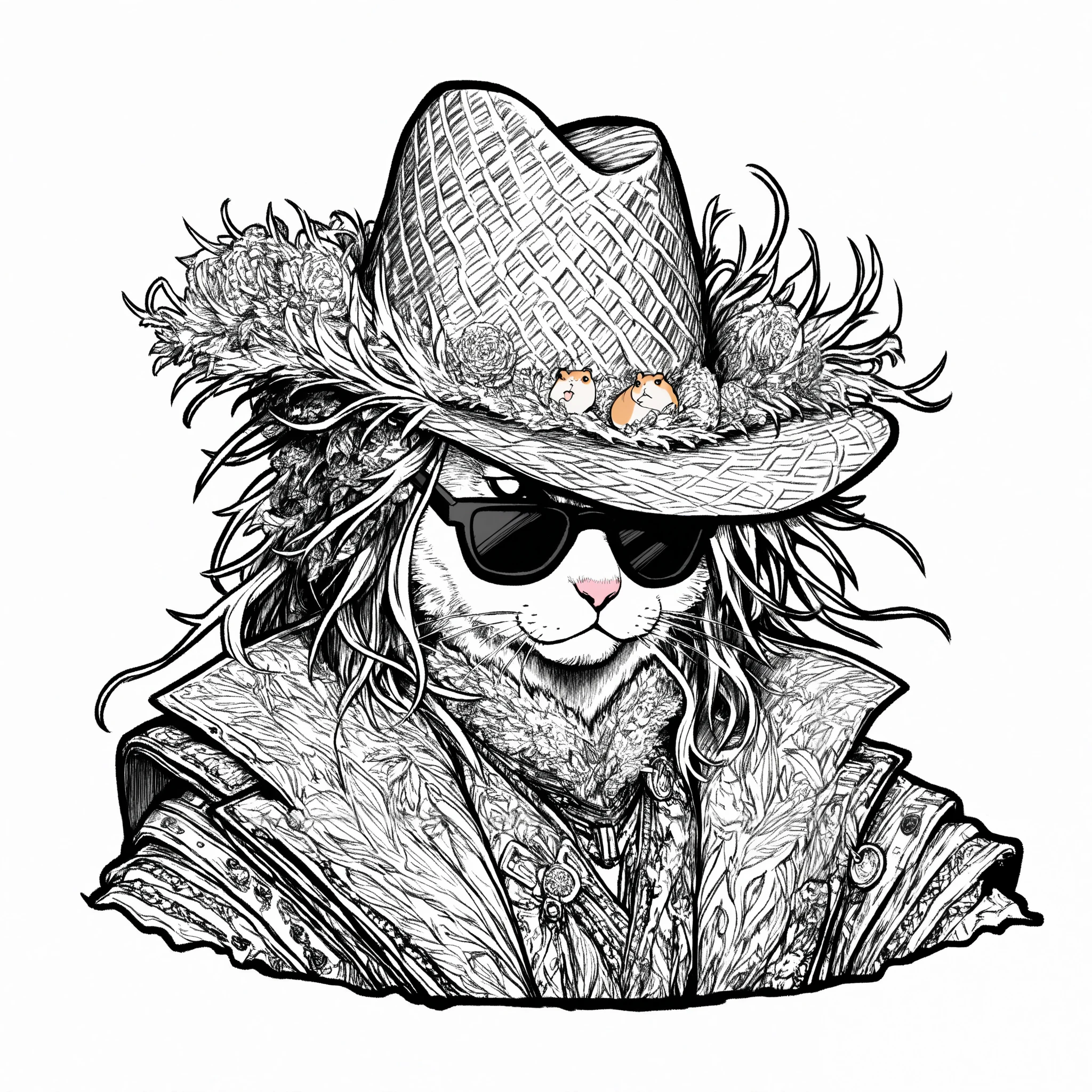 line art, best quality, ultra detailed, a hamster, flamboyant, fedora, sunglasses, white background, black outlines, minimalist