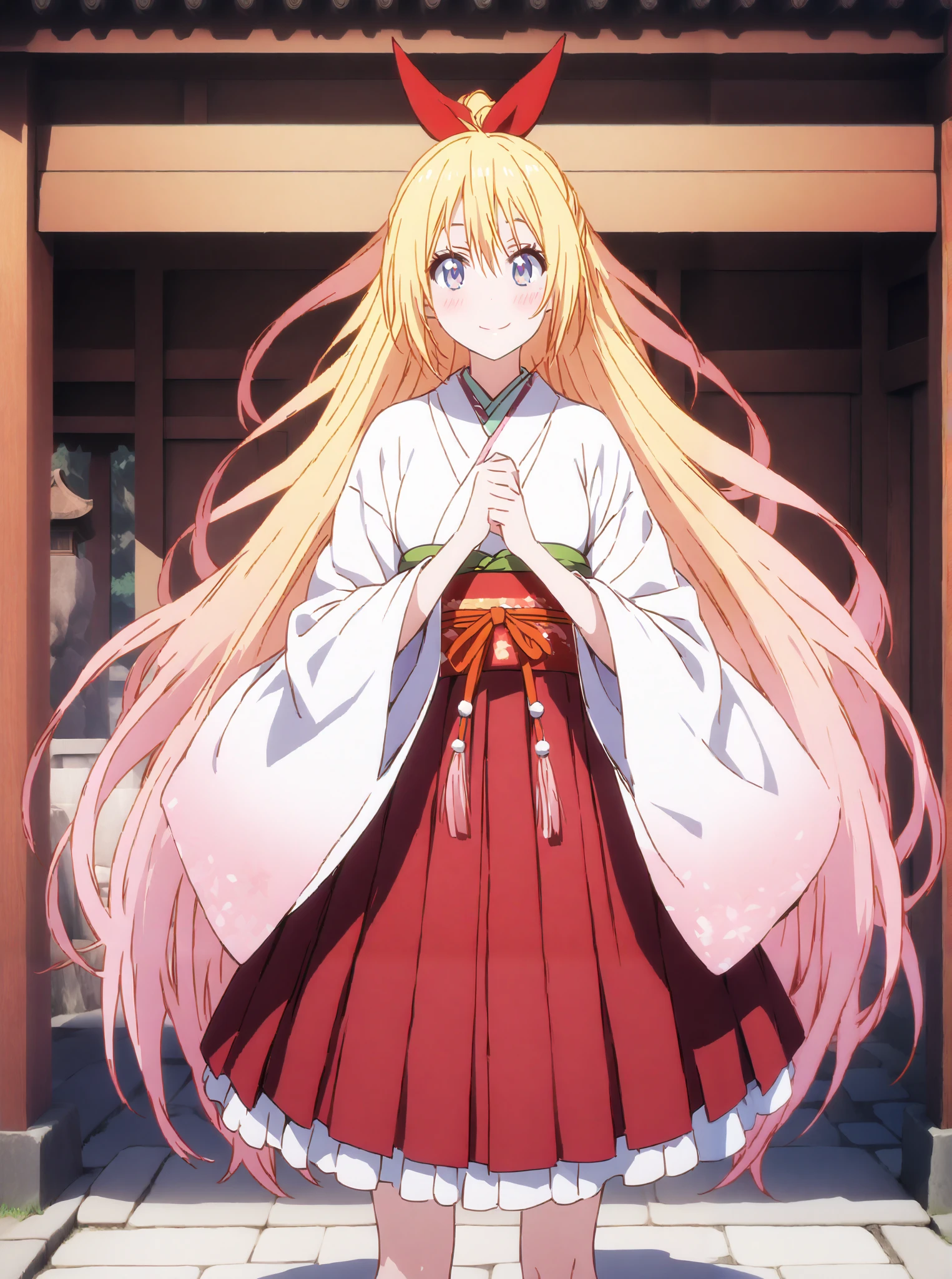 score_9, score_8_up, score_7_up, source_anime, chitoge kirisaki, long hair, blue eyes, blond hair,hair ribbon , smile,blush,close your mouth, o, very long hair, multicolored hair, Red Ribbon, gradation hair, medium chest,Shrine maiden, Japanese Clothes, white kimono , kimono, Red Hakama, wide sleeve, Long Sleeve, bow sleeve , とてもlong hair, low ponytail, holding a broom with both hands,Cleaning stairs,full bodyがイラストに入るように,break outdoors, shrine,
break looking at viewer,full body,
break (masterpiece:1.2),top quality , kampala, Unity 8K Wallpaper ,(shape:0.8),( fine, beautiful eyes :1.6),It's a person ,full body写真,CG Details , (perfect hands, complete anatomy),