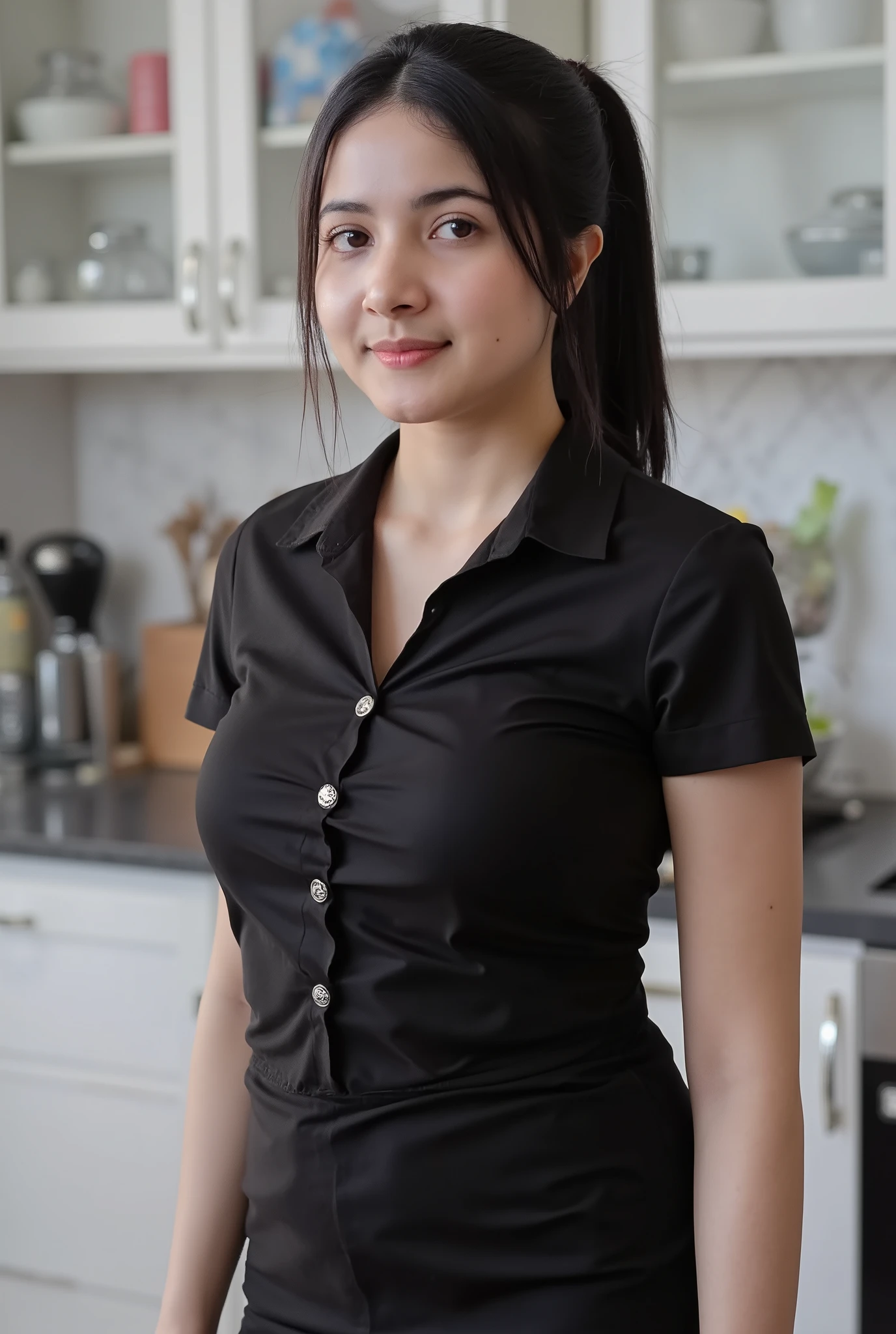 (Masterpiece: 1.2, Best Quality), Realistic, (Realistic Picture, Complex Details, Depth of Field), Best Quality, Masterpiece, Highly Detailed, Realistic, 1 adult girl, indonesian wife, 23 Years Old, black ponytail hair , chest forward, huge breasts, thin lips, beautiful and seductive, sexy body, wearing black shirt, the kitchen background, standing, full body view, look at viewer, full photo.