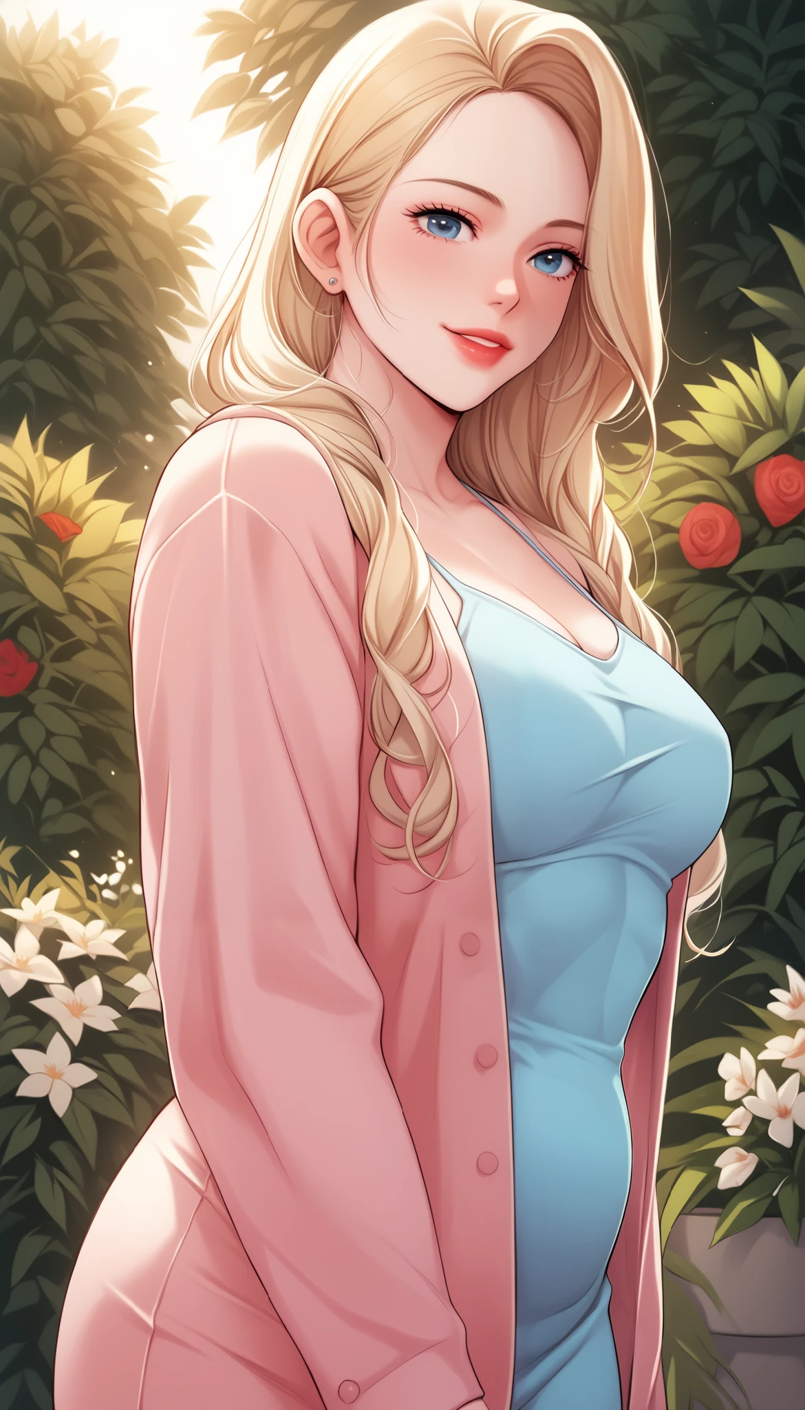 An extremely gorgeous stunning beautiful woman with gold-blonde hair, extremely fair white natural skin, big blue eyes, plump candy red glossy lips, mouth closed, a simple kind smile, plain medium-small breasts, and a perfect slender-slim body. She is wearing a short sky-blue floral dress with spaghetti straps, an oversized front-open pink sweater over her shoulders, and brown flat heels. She is standing straight, and a garden in the background. SHOW HER FULL BODY.