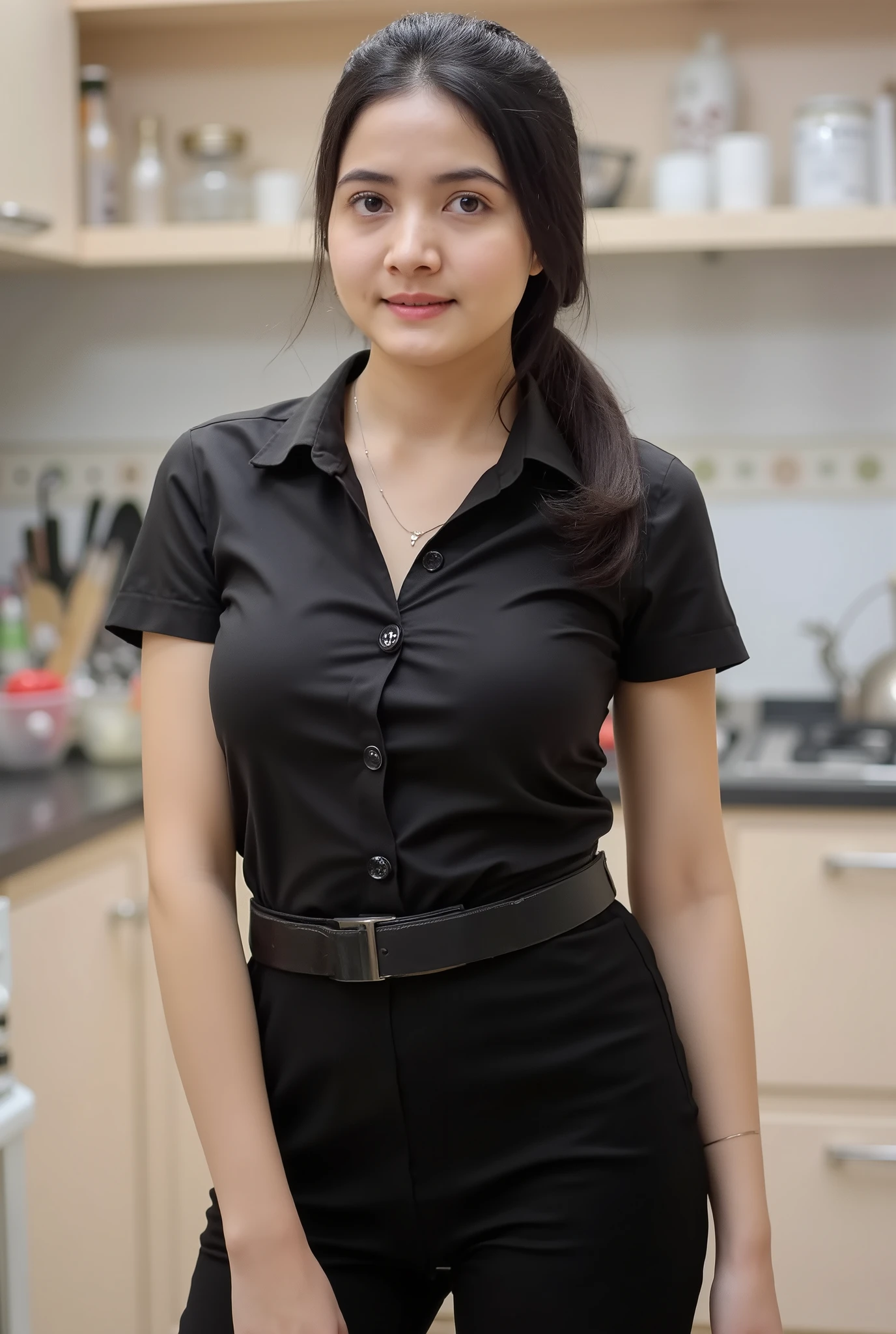 (Masterpiece: 1.2, Best Quality), Realistic, (Realistic Picture, Complex Details, Depth of Field), Best Quality, Masterpiece, Highly Detailed, Realistic, 1 adult girl, indonesian wife, 23 Years Old, black ponytail hair , chest forward, huge breasts, thin lips, beautiful and seductive, sexy body, wearing black shirt, the kitchen background, standing, full body view, look at viewer, full photo.