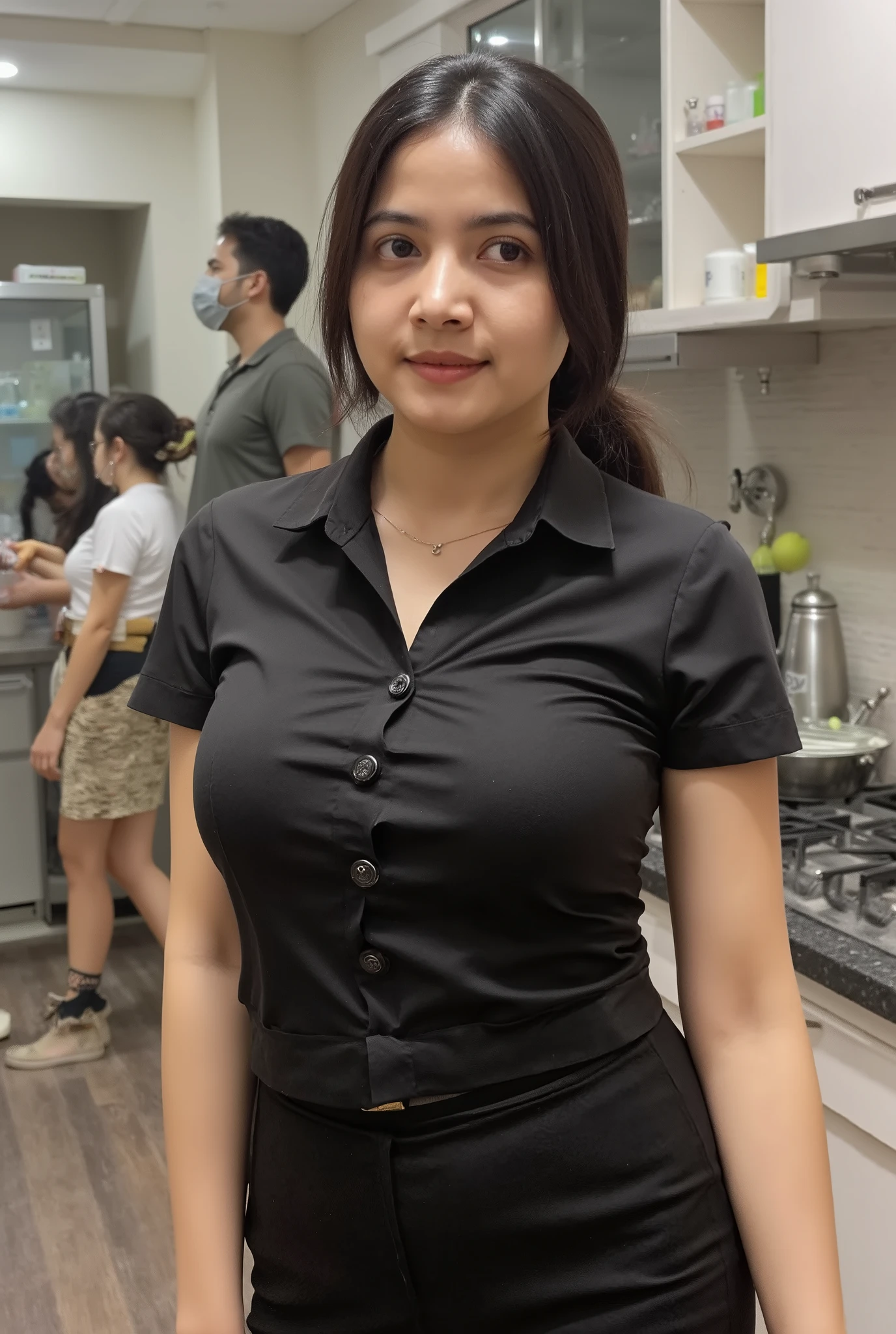 (Masterpiece: 1.2, Best Quality), Realistic, (Realistic Picture, Complex Details, Depth of Field), Best Quality, Masterpiece, Highly Detailed, Realistic, 1 adult girl, indonesian wife, 23 Years Old, black ponytail hair , chest forward, huge breasts, thin lips, beautiful and seductive, sexy body, wearing black shirt, the kitchen background, standing, full body view, look at viewer, full photo.