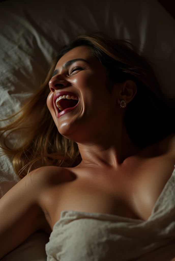 man screaming with pleasure lying on a bed. Her face is illuminated by soft, intimate lighting, revealing an expression of satisfaction and happiness. 4K resolution captures every detail, from the texture of the dress's fabric to the delicate play of shadows and light on the skin. vivid, emotionally charged moment.