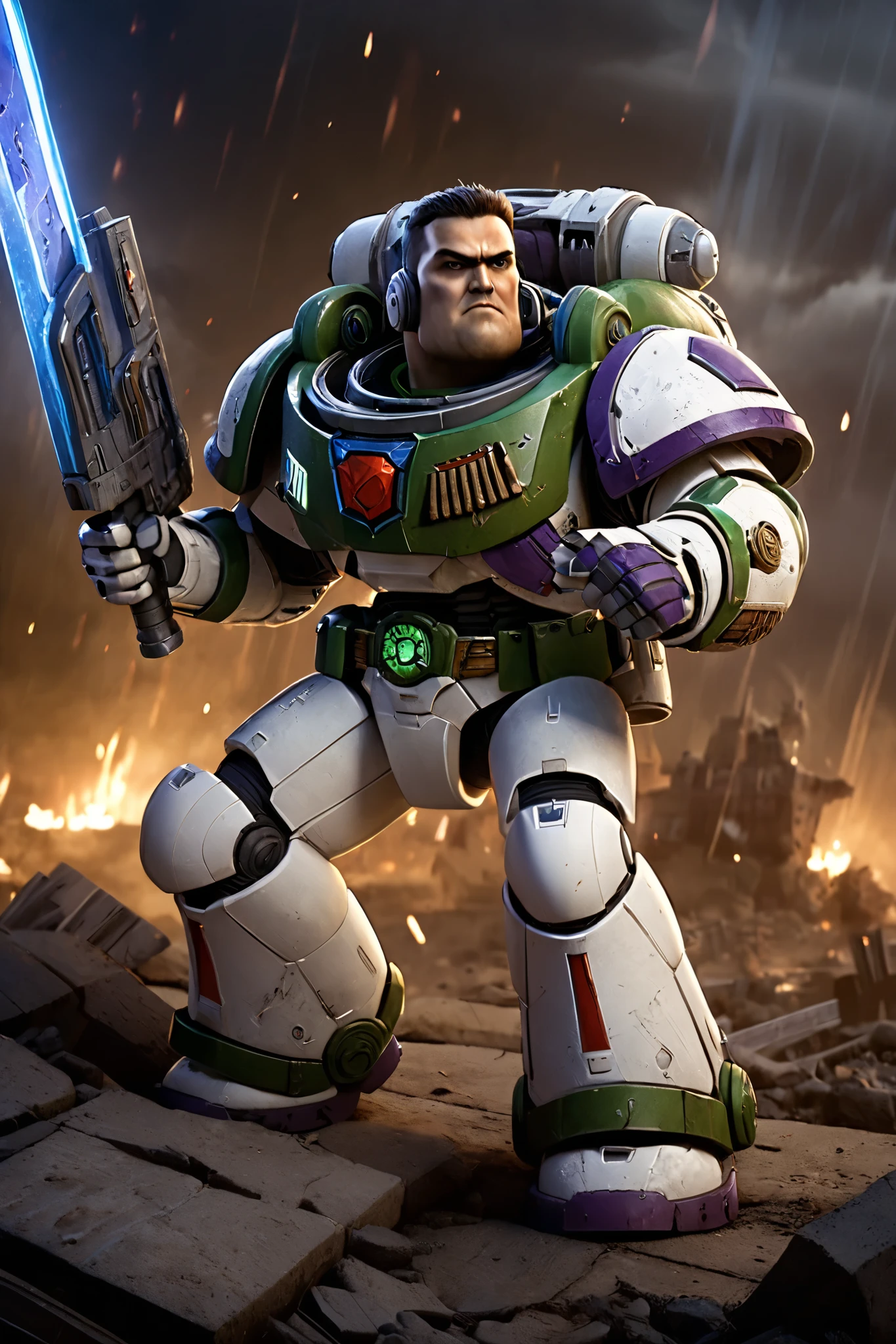 Buzz Lightyear reimagined as a grimdark Warhammer 40k Space Marine, standing heroically on a desolate, war-torn battlefield. His armor is a fusion of his classic white, green, and purple color scheme with the gothic, industrial aesthetic of the Imperium of Man. The armor is heavily detailed with intricate engravings, purity seals, and the iconic Imperial Aquila on his chest. His helmet features a glowing visor with a determined, futuristic HUD display, and his jetpack is modified into a massive, ornate power pack with exhaust vents emitting faint smoke. In his hands, he wields a massive plasma rifle, glowing with blue energy, and a combat knife strapped to his side. The armor is battle-worn, with scratches, dents, and scorch marks, showing signs of countless battles. The background is a chaotic warzone with explosions, smoke, and ruins of ancient structures, under a dark, stormy sky illuminated by the glow of a dying star. The atmosphere is dark, gritty, and epic, with dramatic lighting casting long shadows. Highly detailed, ultra-realistic, cinematic composition, 8k resolution, art by Adrian Smith and John Blanche, inspired by Warhammer 40k3