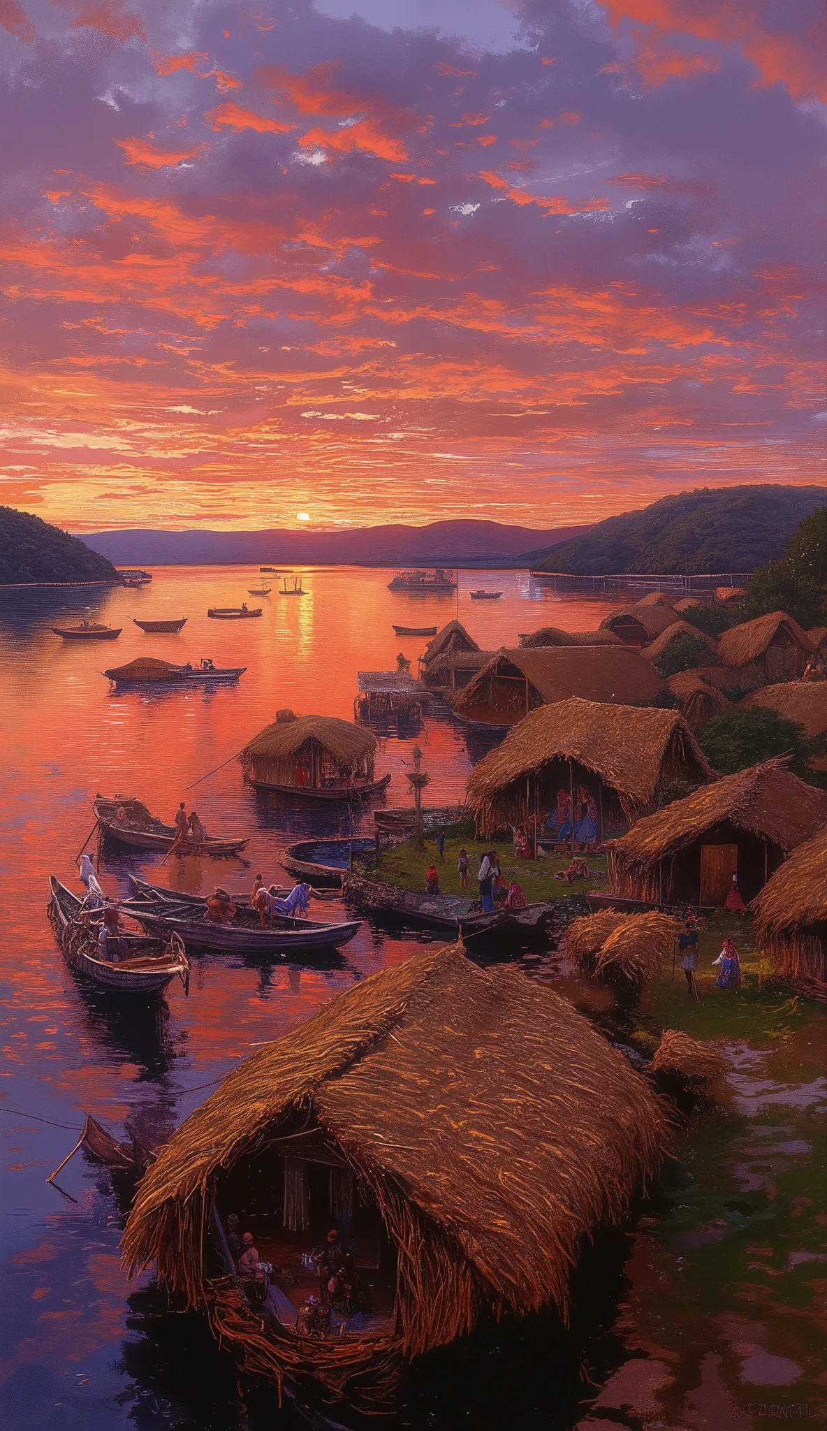 (oil painting, venice:1.4), 8k resolution, masterpiece, TOP QUALITY, Award-Winning Works, Floating islands of the Uros on Lake Titicaca, beautiful sunset,