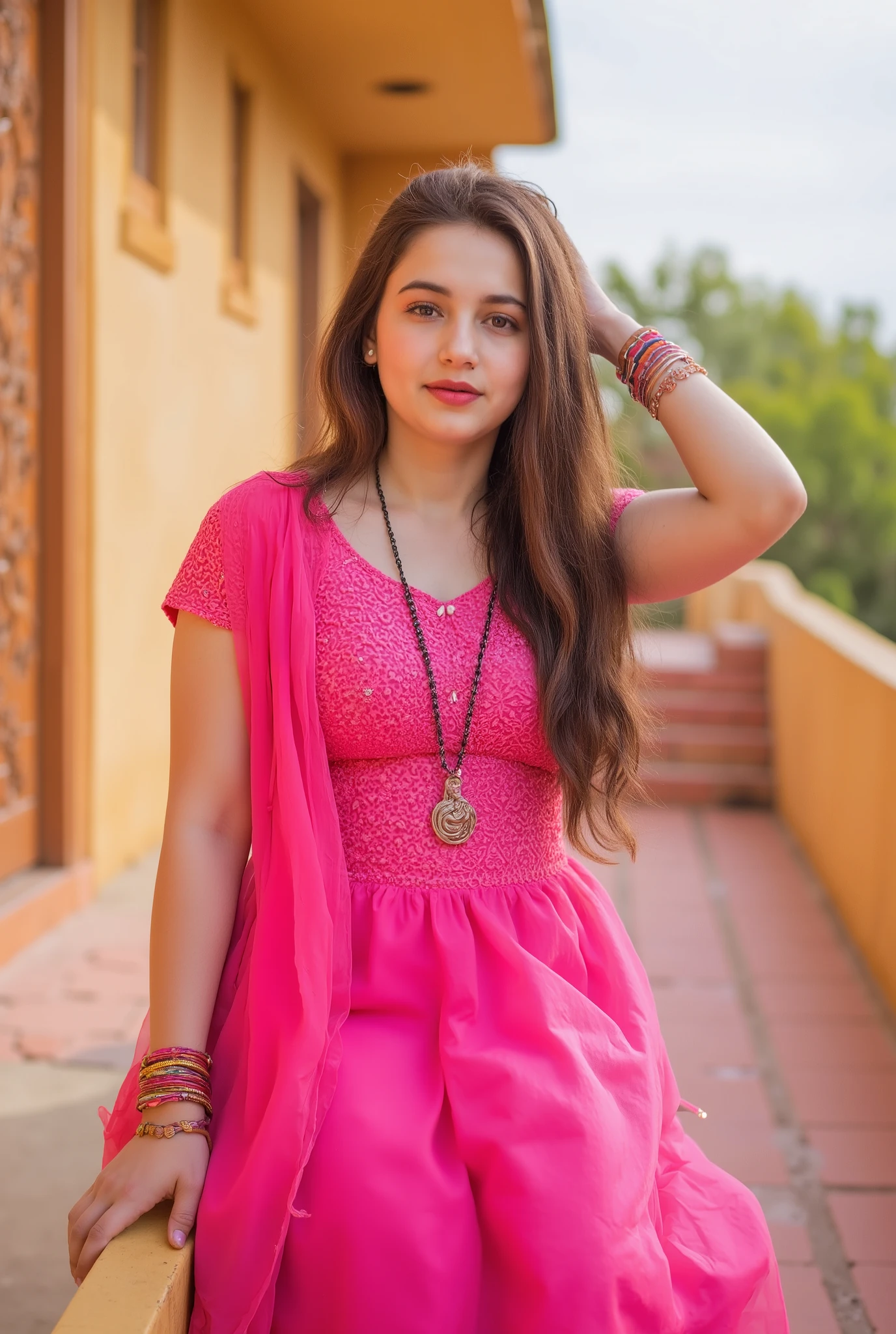 24 year girl in Indian village not modern village rural vibe wearing pink gujrati dress in hawa mahal jaipur in front of local people with smile on face showing real cuteness sitting on bench hand in hair with style giving poses