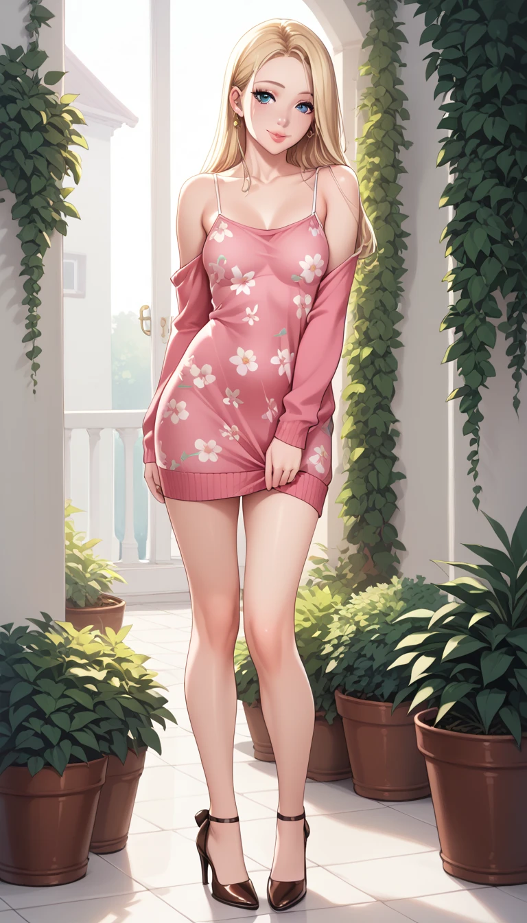 busty woman, with long gold blonde shiny hair, blue big eyes, and round puffy pink lips, pink blushes, tight skinny hourglass figure, wearing a short sexy loose revealing white floral dress along with a pink sash around the waist and a yellow off-shoulder sweater, standing in a straight pose, hands joined together, looking at the viewer, big garden in the background, day time, show full body from head to feet.
