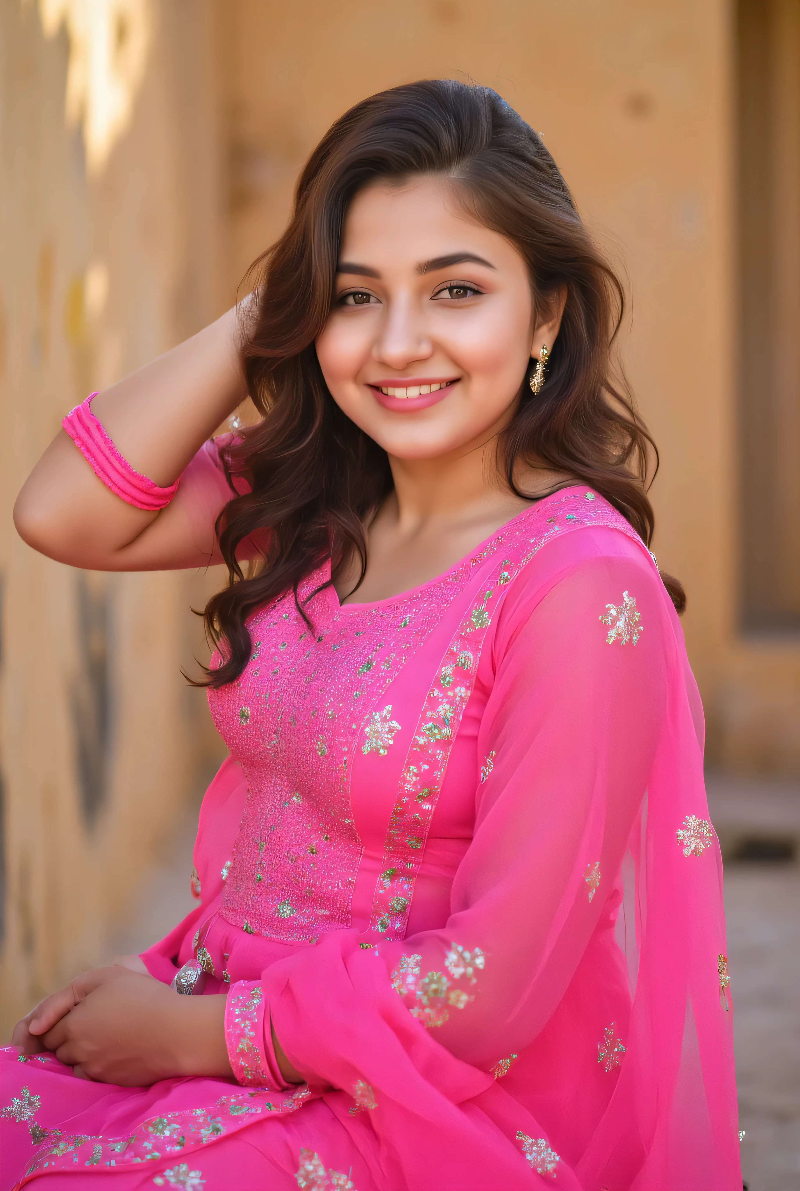 24 year girl in Indian village not modern village rural vibe wearing pink gujrati dress in hawa mahal jaipur in front of local people with smile on face showing real cuteness sitting on bench hand in hair with style pose