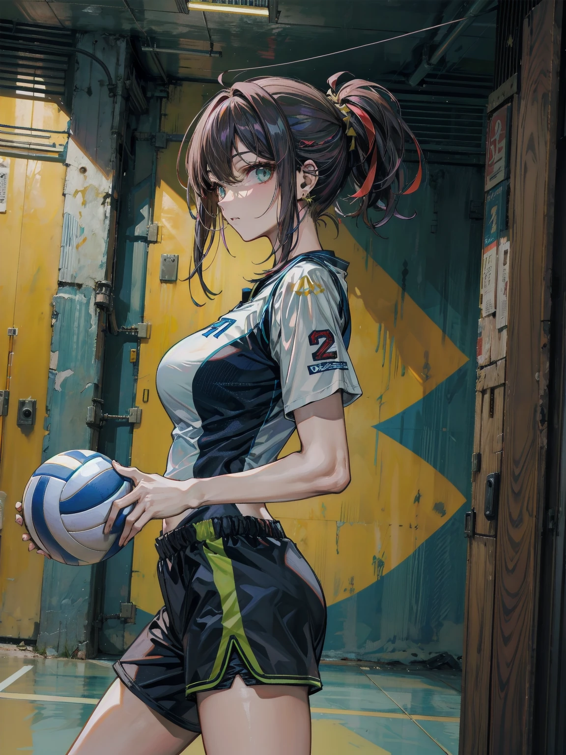 1girl, anime girl, beautiful face, latin american beauty, curly hair, tanned skin, ribbon marquee, sitting in the favela watching her friends playing soccer on a clay court, cheering, elegrez.favela, wearing a shirt of the brazilian soccer team, movie scene, cinematic environment, based in rio de janeiro, petty tail- --auto --s2