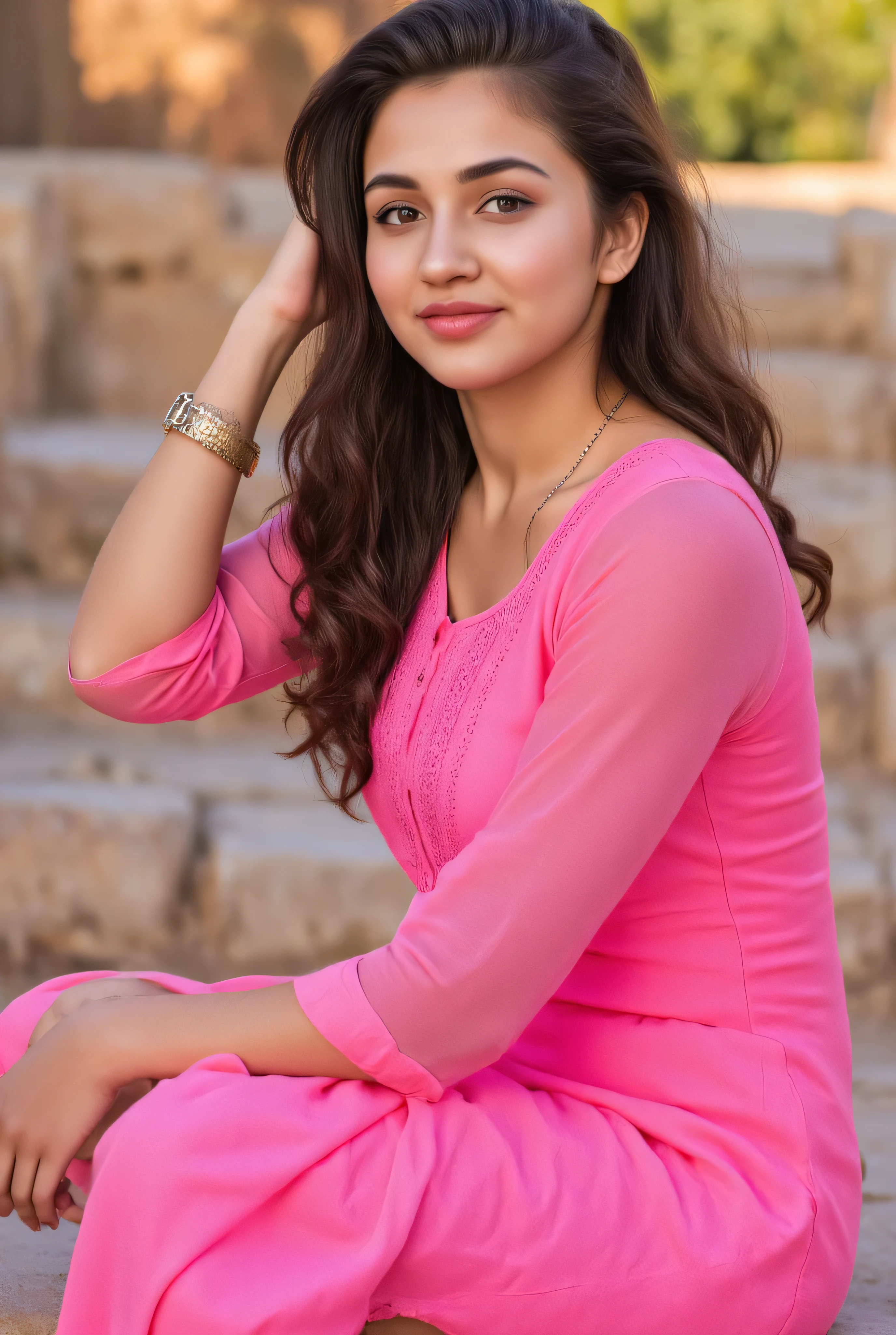 24 year girl in Indian village not modern village rural vibe wearing pink gujrati dress in hawa mahal jaipur in front of local people with smile on face showing real cuteness sitting on bench hand in hair with style giving pose 