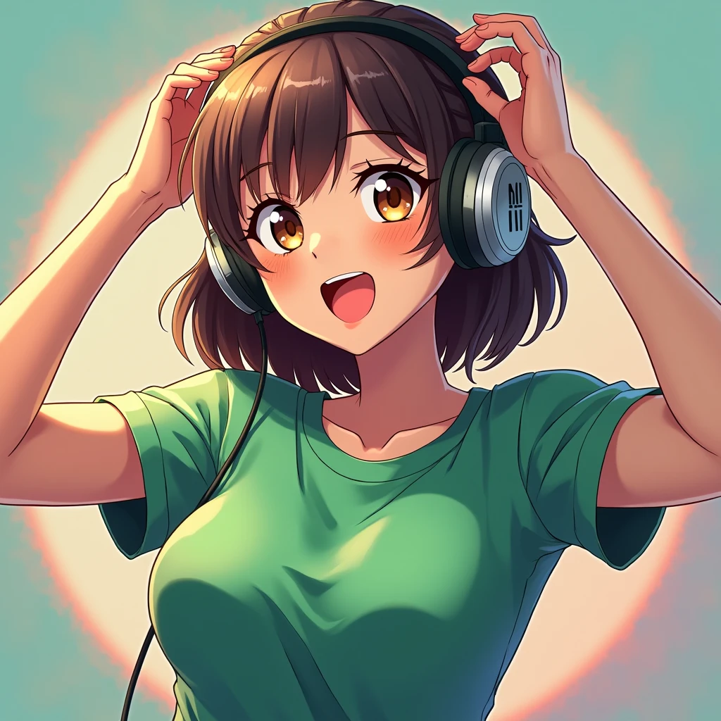 anime girl gamer xbox short hair brown  curly hair earphones green strapless blouse black