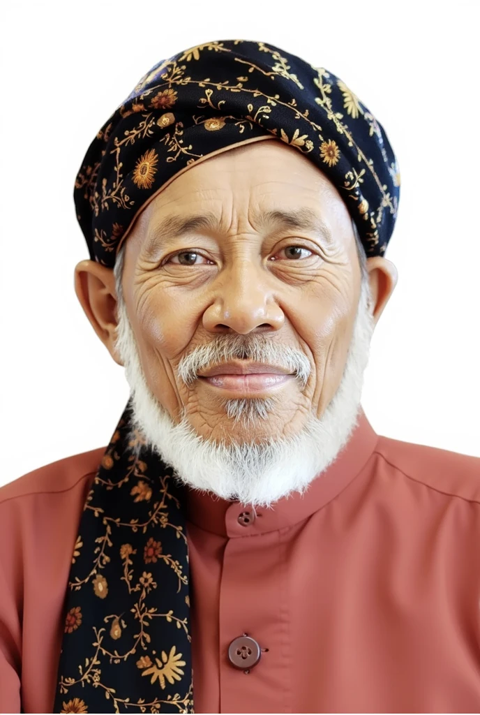 Indonesian Muslim man, 70 years old, wrinkled brown skin according to age. wearing a white patterned turban and Islamic clothes. clear black narrow eyes, thick gray eyebrows, thick mustache, long beard. big tall nose, big wide ears, oval face, naturally wrinkled forehead. mouth covered with thin lips. In the background of the Indonesian red and white flag, you can see three sharp bamboos on it. HD quality realistic images.