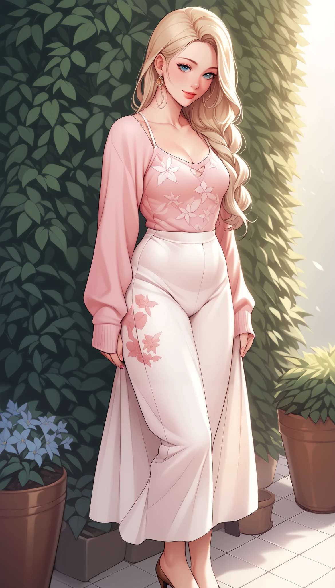 An extremely gorgeous stunning beautiful woman with gold-blonde hair, extremely fair white natural skin, big blue eyes, plump candy red glossy lips, mouth closed, a kind smile, plain medium-small breasts, and a perfect slender-slim body. She is wearing a short white floral dress with spaghetti straps, an oversized front-open pink sweater over her shoulders, and brown flat heels. She is standing straight, and a garden in the background. SHOW HER FULL BODY.