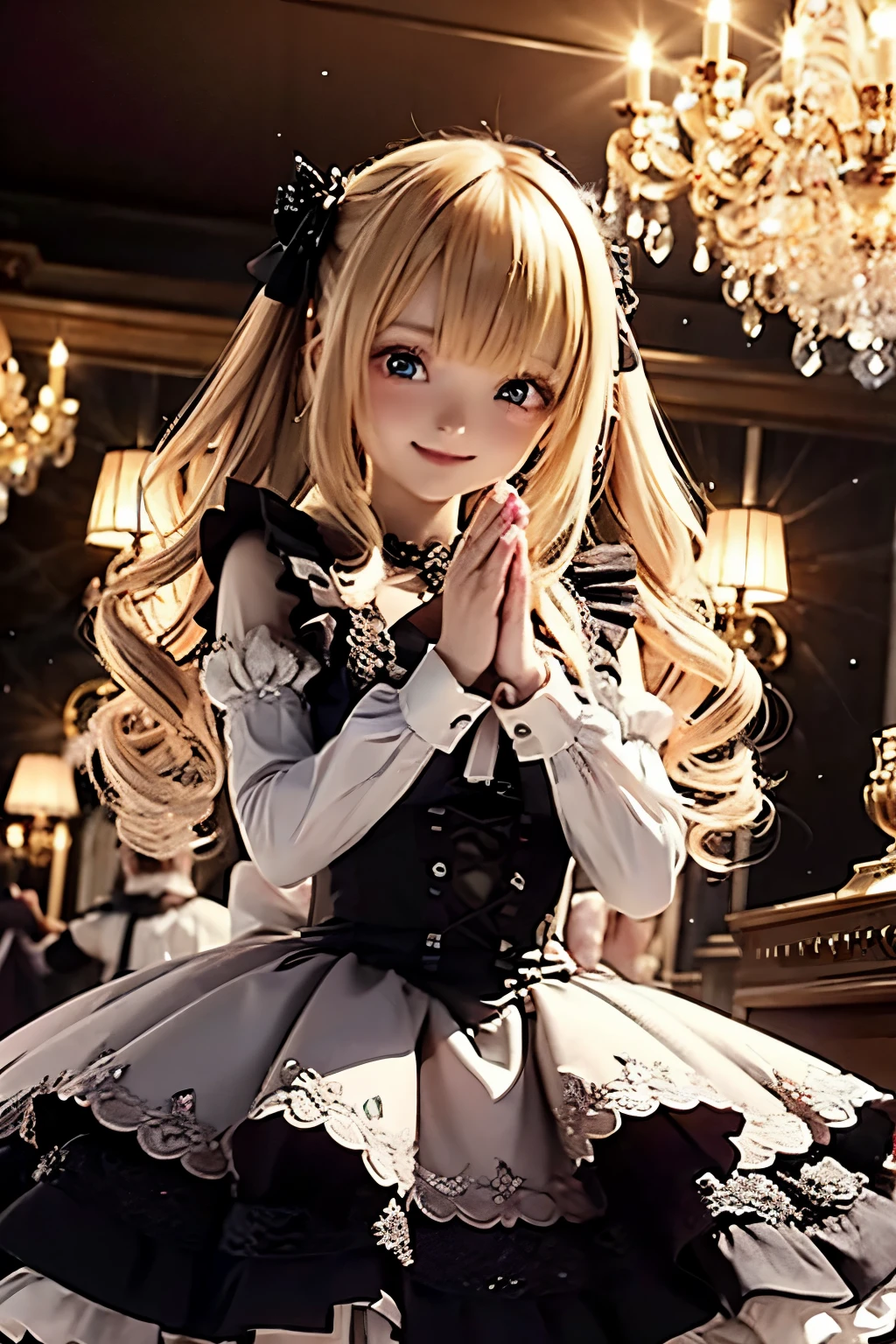 dramatic composition , gothic style dress, royal, Nice, Cascading Ruffles, lottery, bow, Crystal chandelier, swirl hairstyle , broken diamond with double knot like a drill , camera , bangs, maximalism , Palace-like background, Delicate hair and eye depiction, Princess Dress , Nice skirts, Flowers in hands, smile, starlike eyes , cinematic lights , Extreme Details, high image quality, happy girl , is, Diamonds , broken Diamonds , crystal fragment , light particles