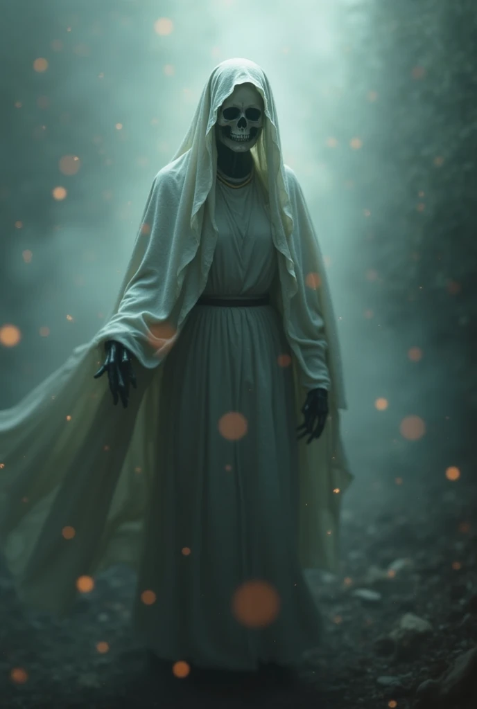 Create an image of a skeleton with long hair wearing a tattered white kimono. The skeleton should be standing in the middle of a dilapidated, abandoned building at night, with a misty atmosphere. The pose should look like it is about to move, giving an eerie and unsettling feeling. The background should include broken walls, debris, and faint moonlight breaking through the fog.