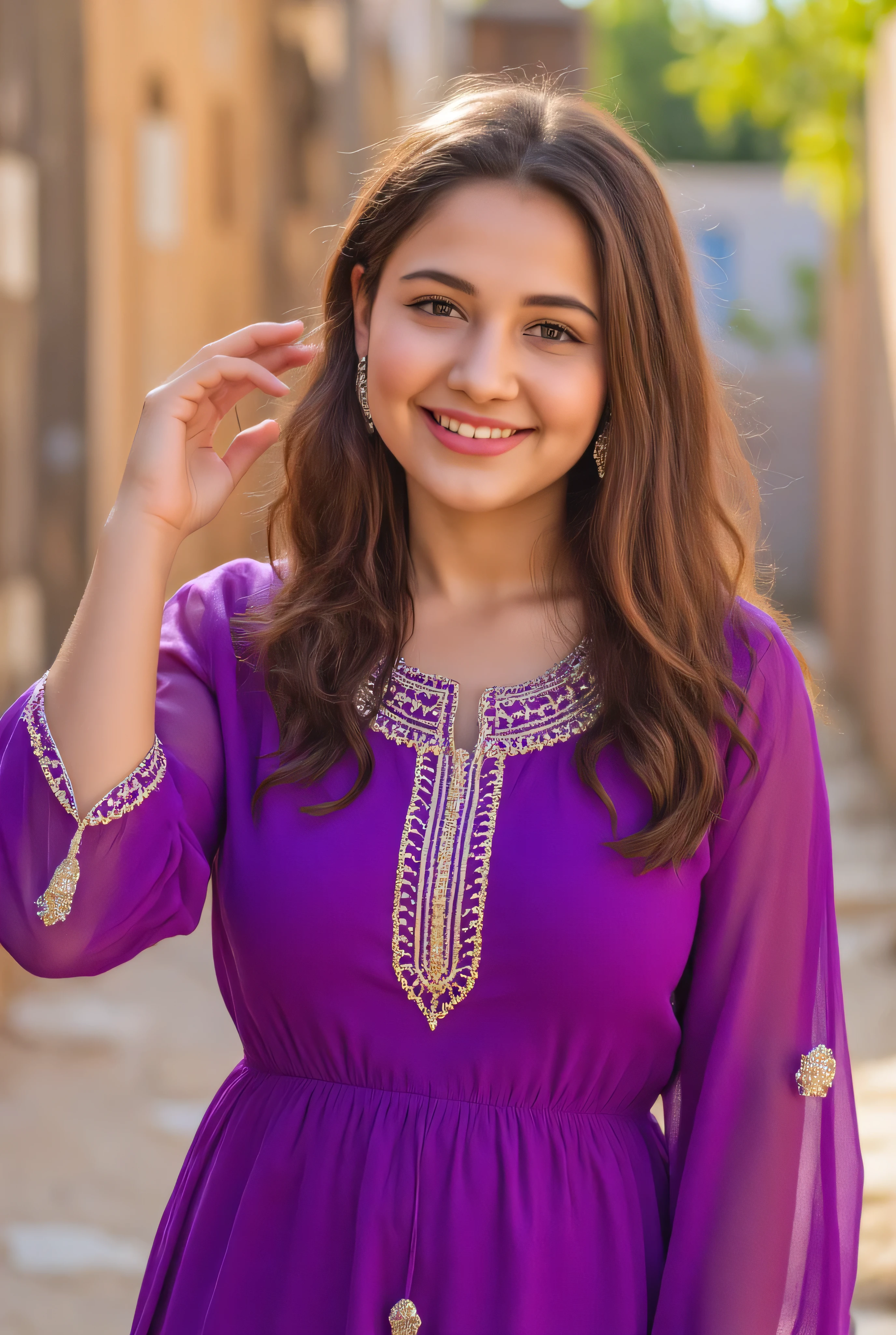 24 year girl in Indian village not modern village rural vibe wearing purple gujrati dress in hawa mahal jaipur in front of local people with smile on face showing real cuteness hand in hair with style giving pose